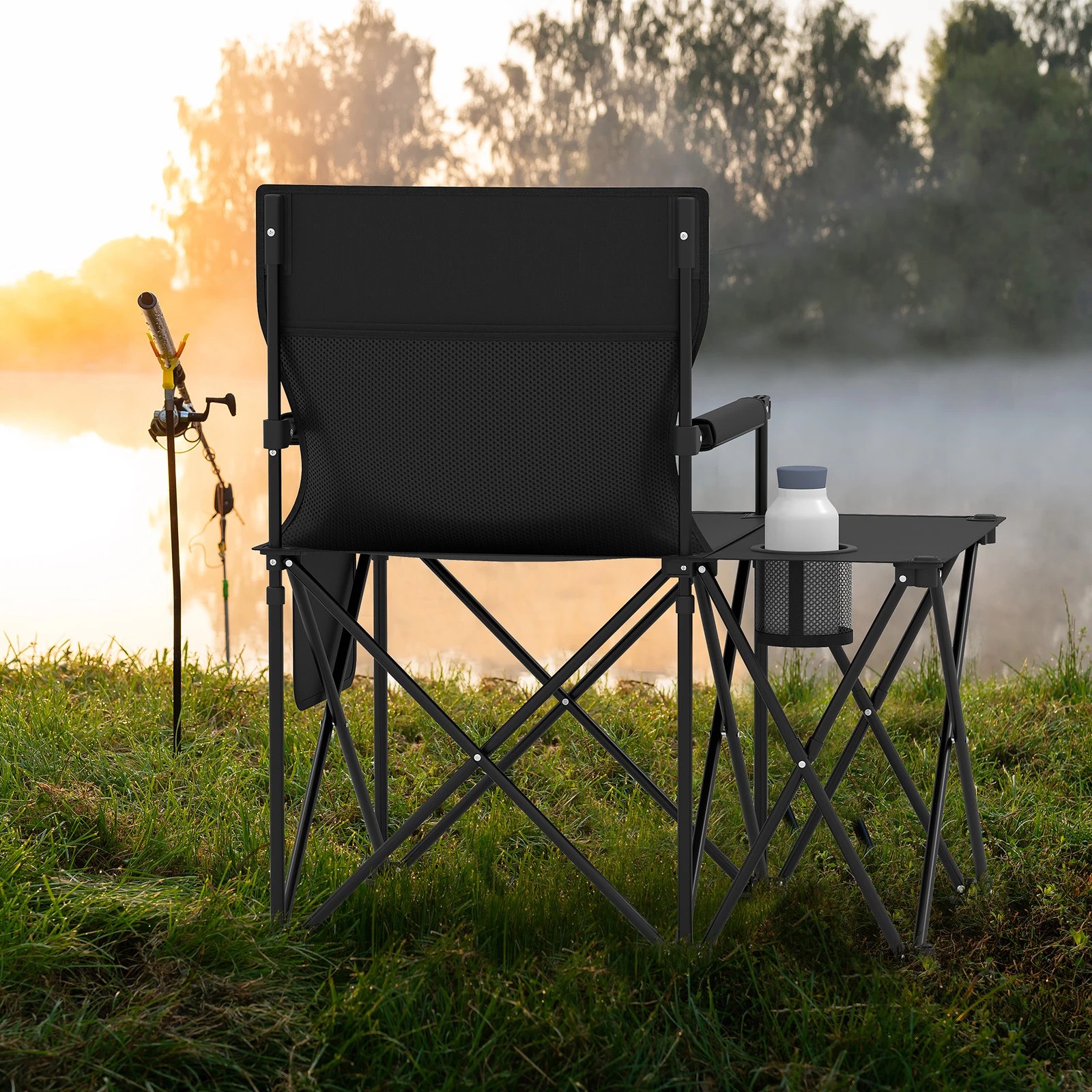 2 Costway Folding Camping Chair w/Side Table 2 Storage Pockets Cup Holder Picnic Chair - Black, 2 of 4