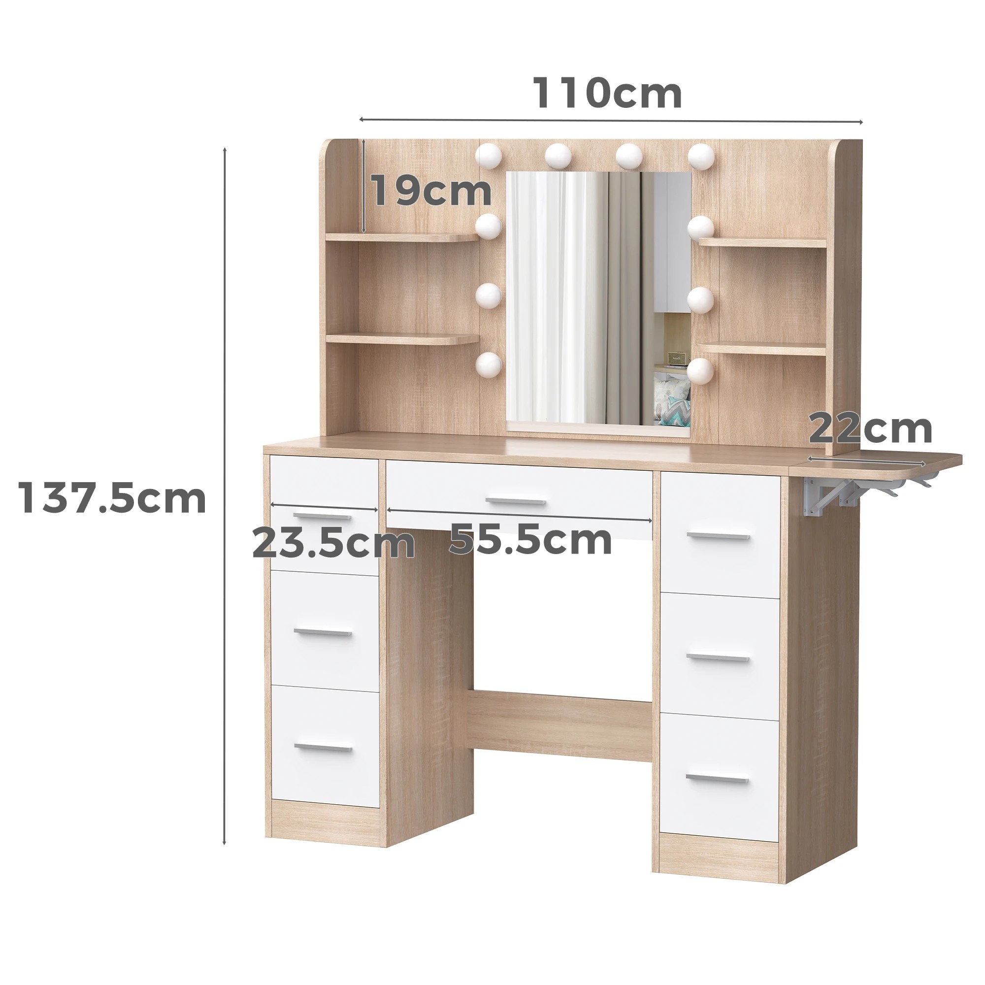 10 Alfordson Dressing Table Stool Set Makeup Mirror Vanity Desk LED Bulbs - Oak, 10 of 10