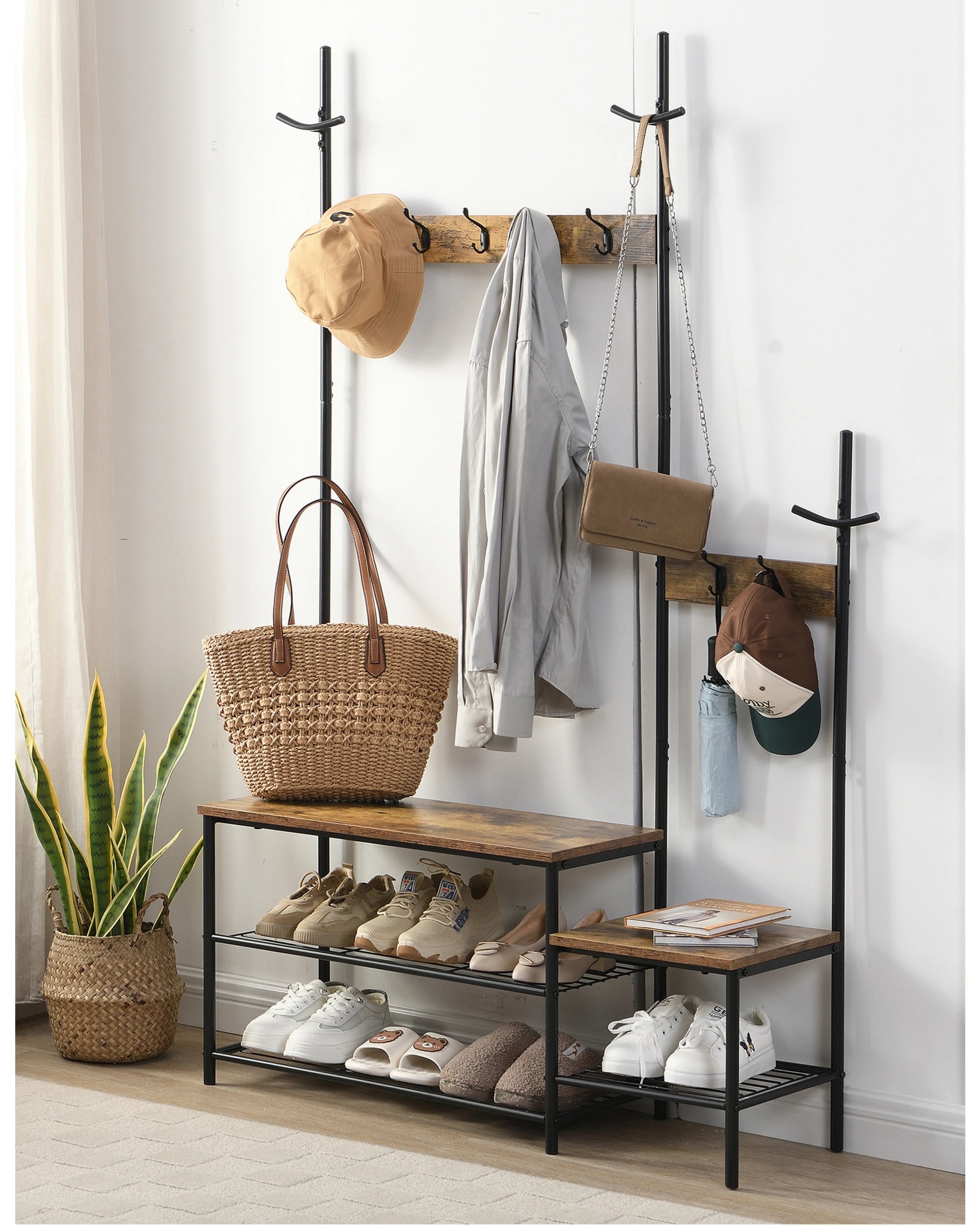 2 IHOMDEC Parent Child Hall Tree Coat Rack Shoe Bench, 2 in 1 Entryway Organizer, 2 of 5