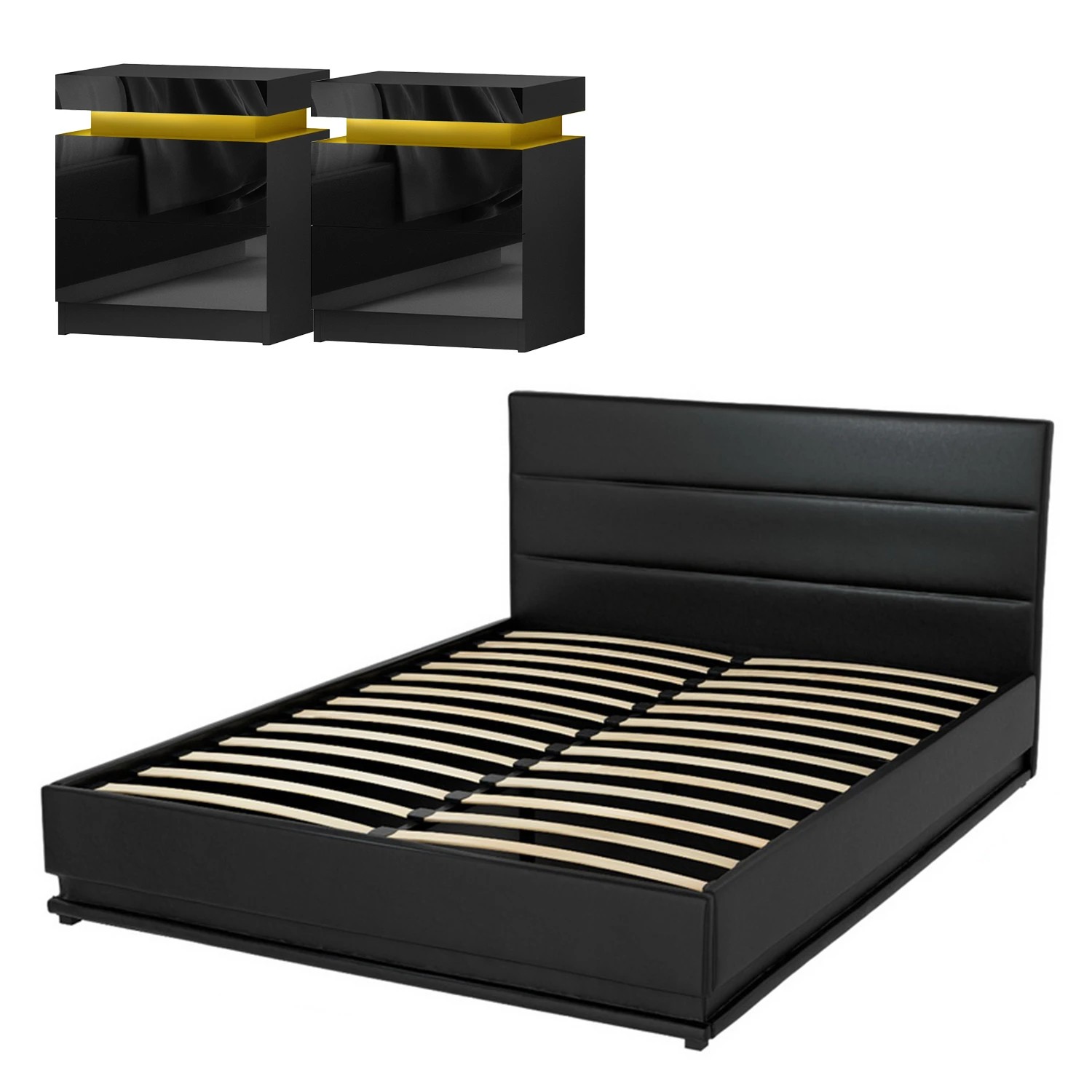 1 Artiss RGB LED Queen Bed Frame with 2 Beside Tables Set 16 Colour Mood - Black, 1 of 8