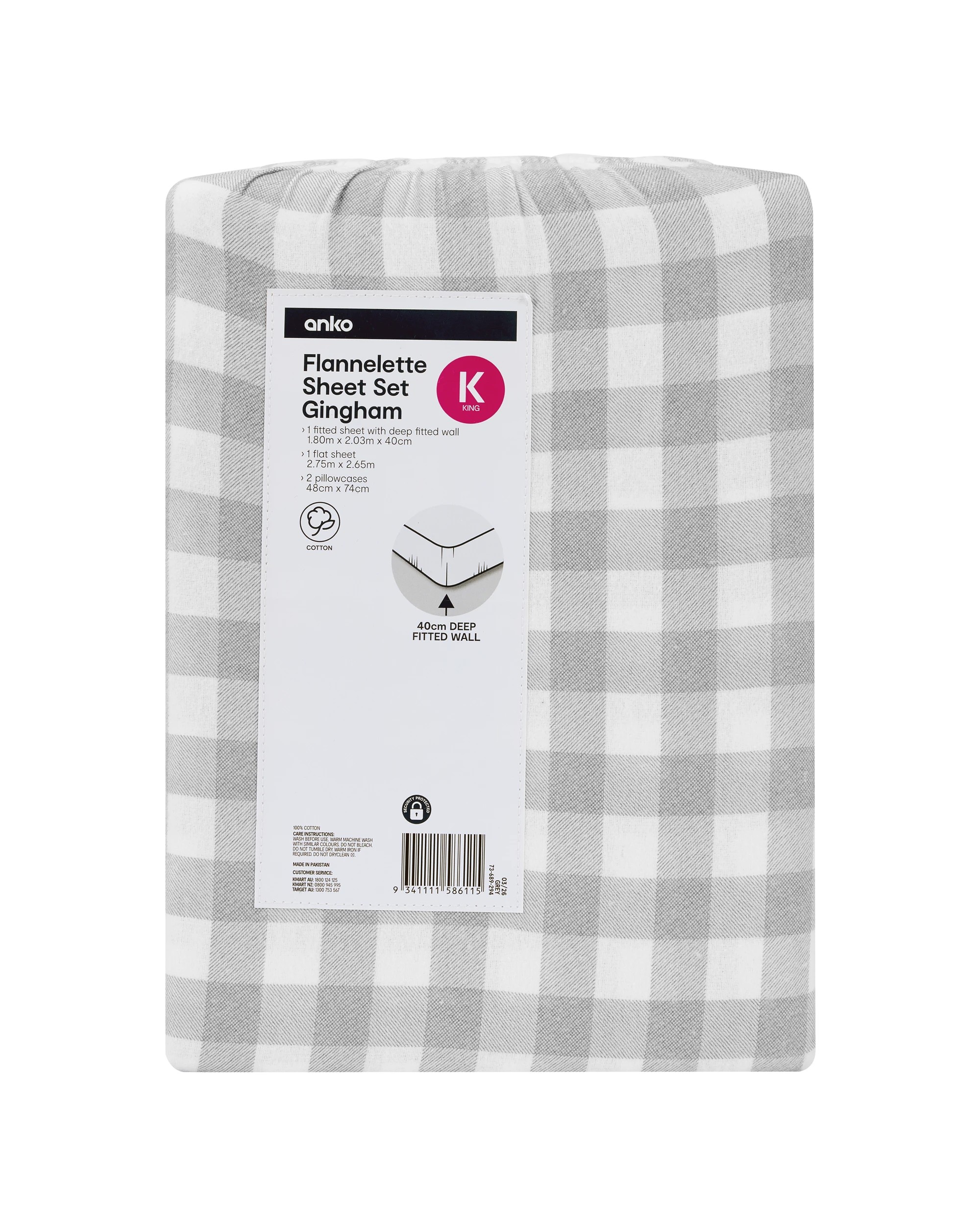 7 Gingham Cotton Flannelette Sheet Set - King Bed, Grey, 7 of 7