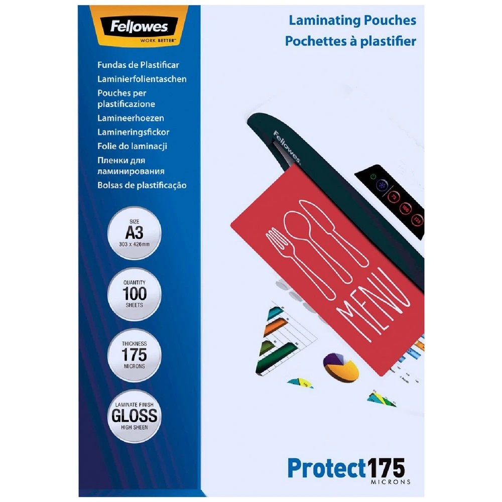 1 Fellowes A3 175 Micron Laminating Pouch Gloss 100 Pack, 1 of 4