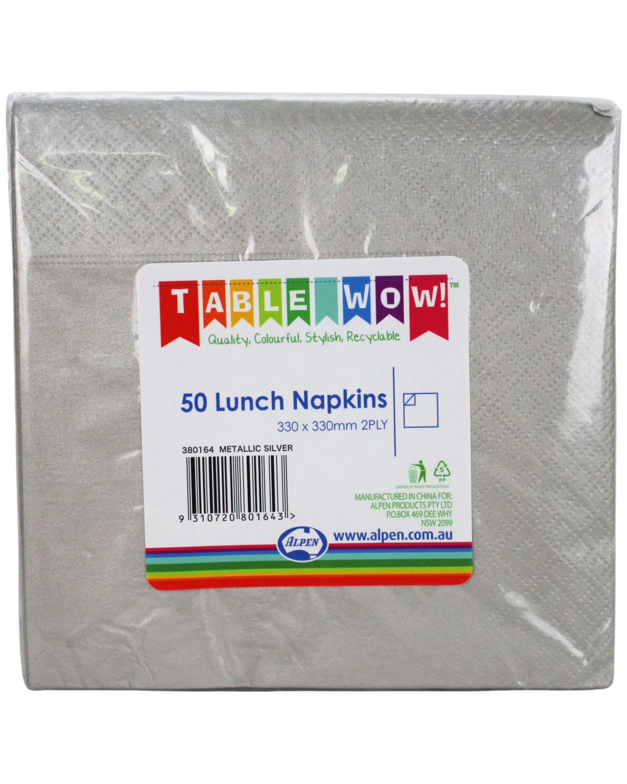 2 Alpen Metallic Lunch Napkins Serviettes Pack of 50 - Silver, 2 of 2