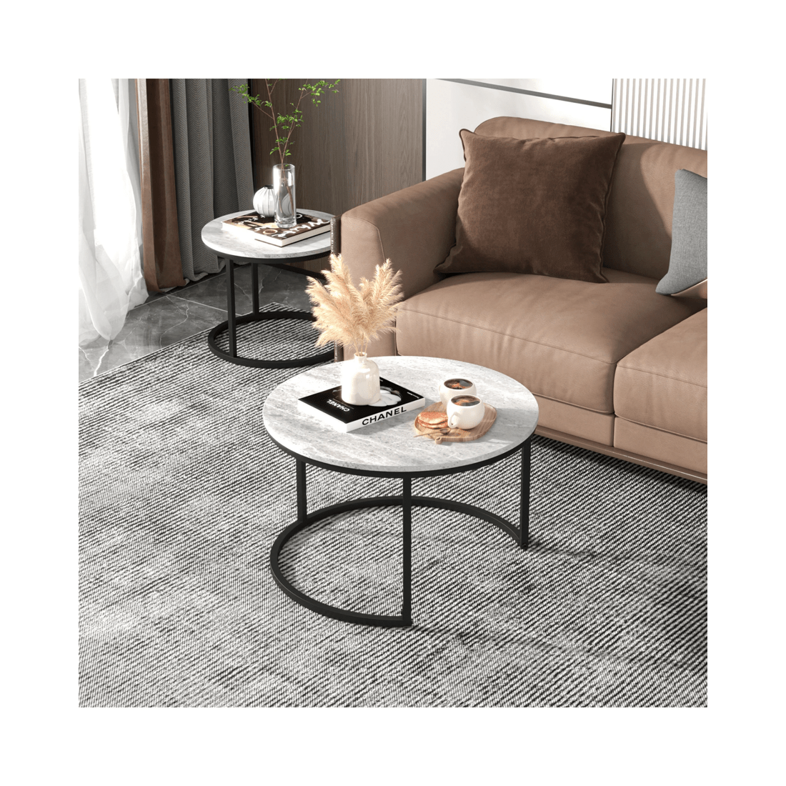 4 Advwin Nesting Coffee Table Marble Finish 70 & 50cm Round Grey, 4 of 8
