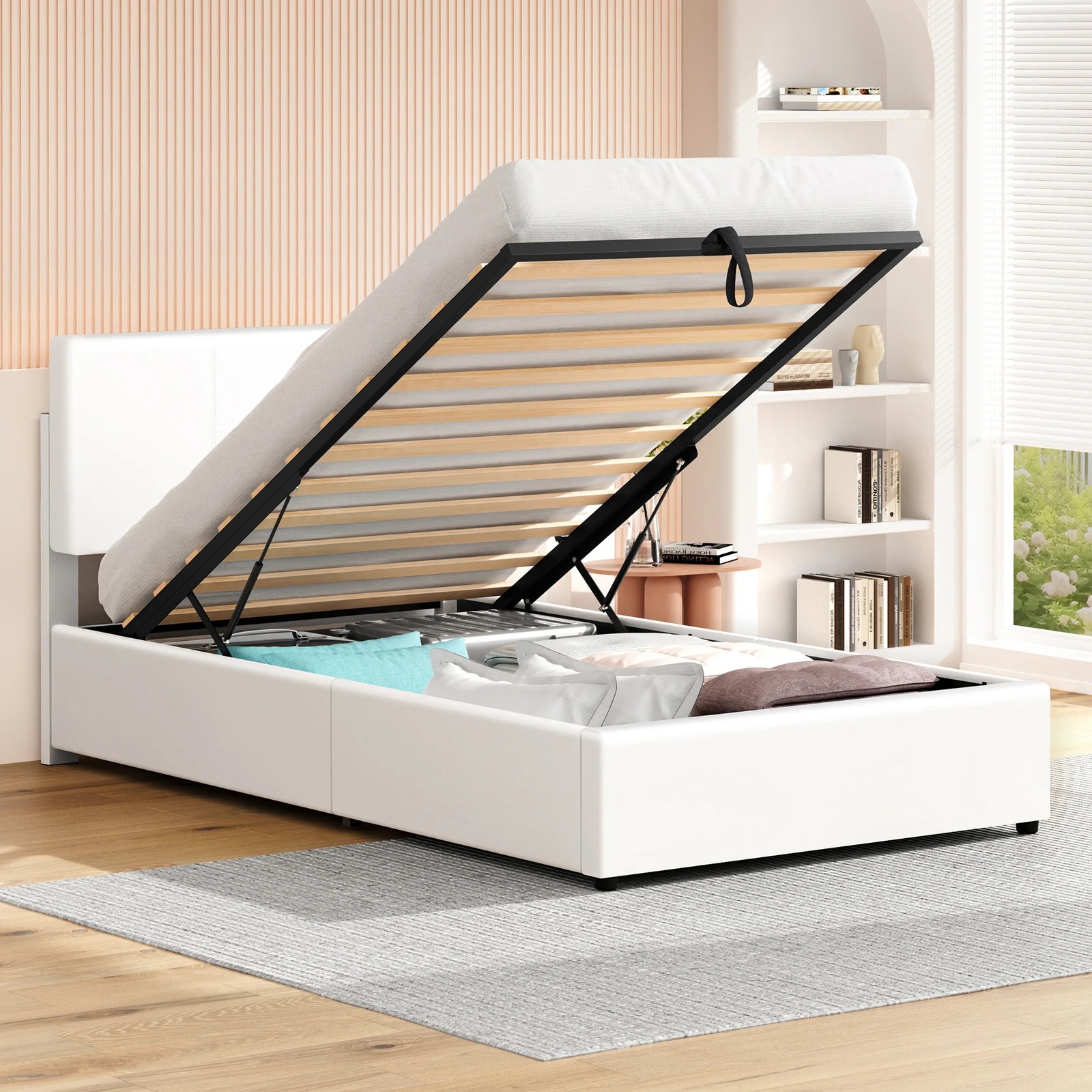 4 Alfordson Bed Frame Single Gas Lift Storage Adjustable Headboard Luria - White, 4 of 10
