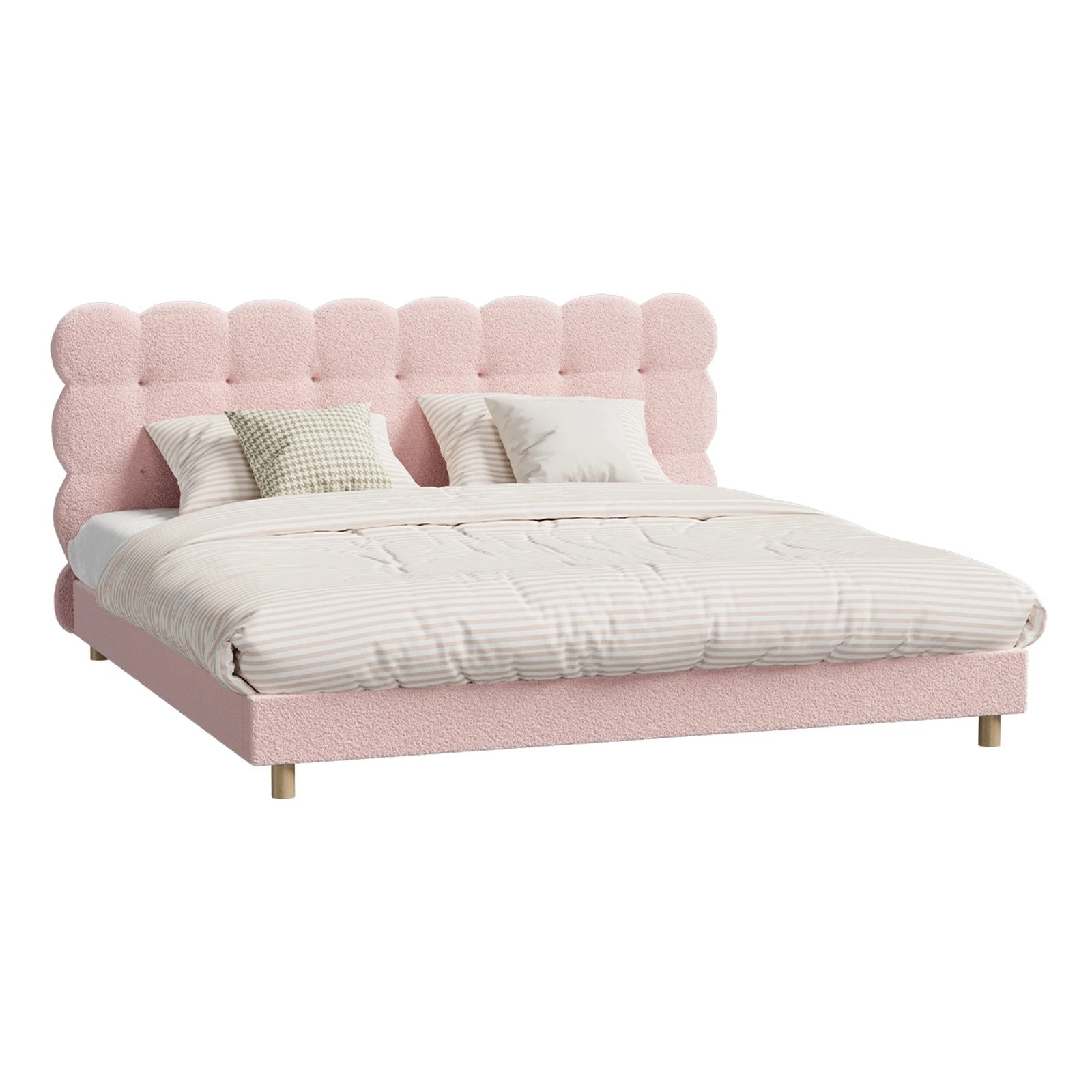 1 Oikiture Bed Frame King Size Tufted Bedhead Boucle Fabric - Pink, 1 of 9
