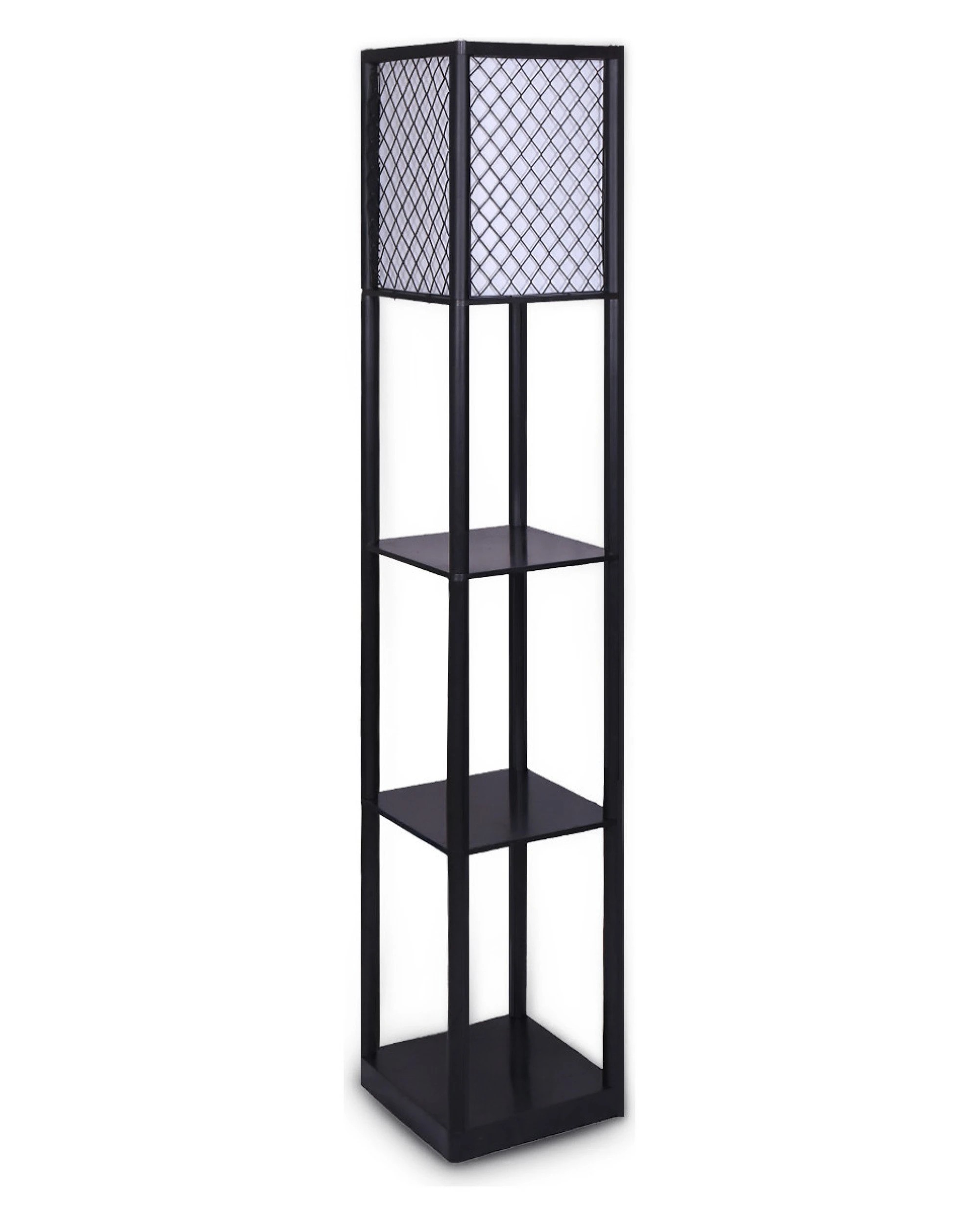 1 Sarantino Etagere Floor Lamp Diamond Look Fabric Shade Shelves Black, 1 of 4