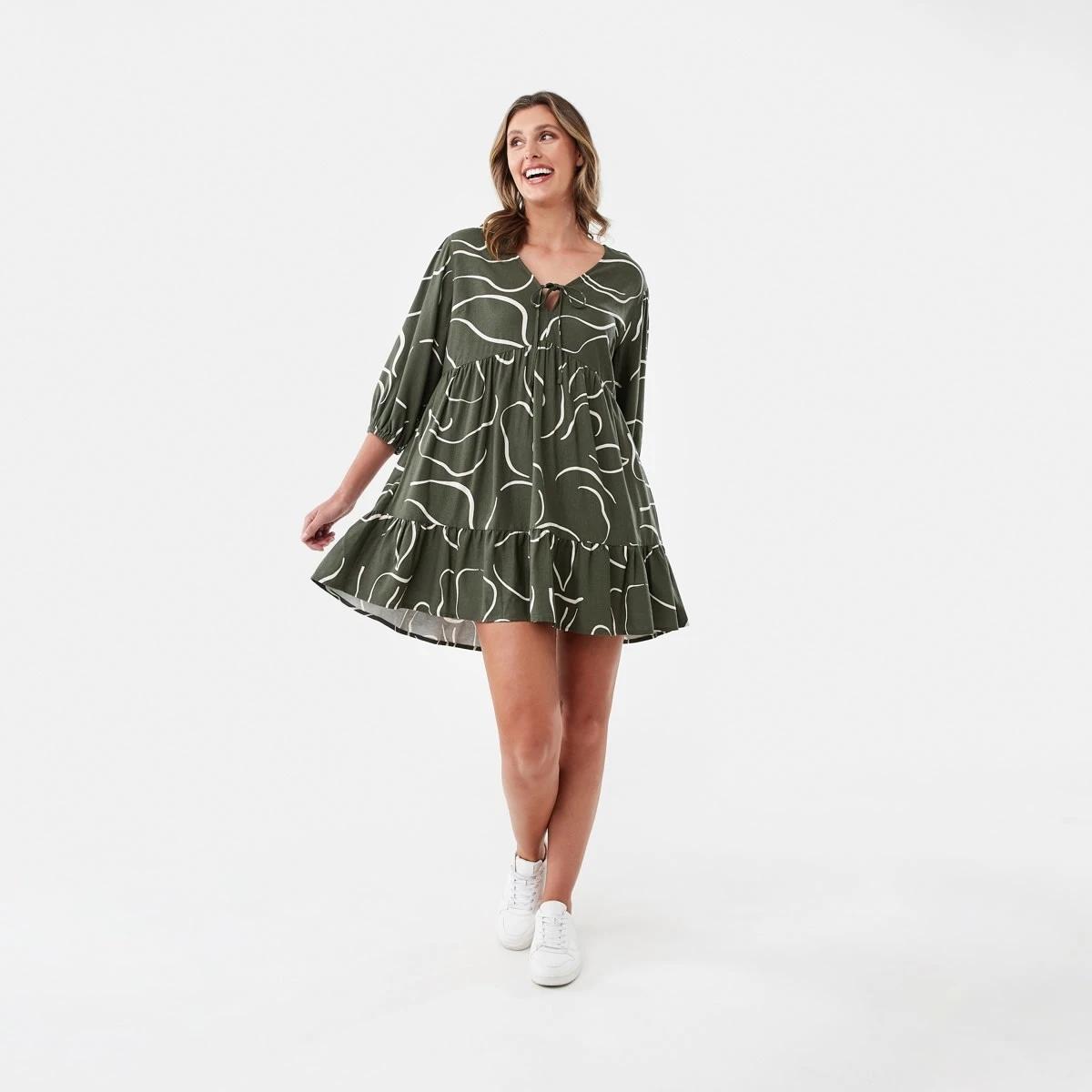 7 3/4 Balloon Sleeve Tie Front Mini Dress Abst Line, 7 of 7