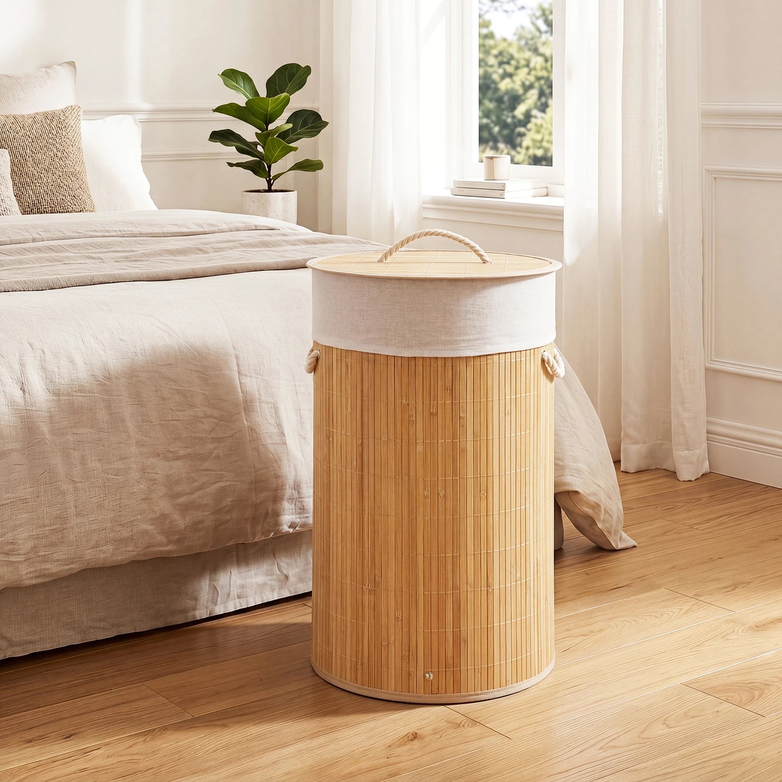 4 Costway 50L Round Laundry Hamper Bamboo Clothes Hamper w/Removable Liner - Natural, 4 of 5
