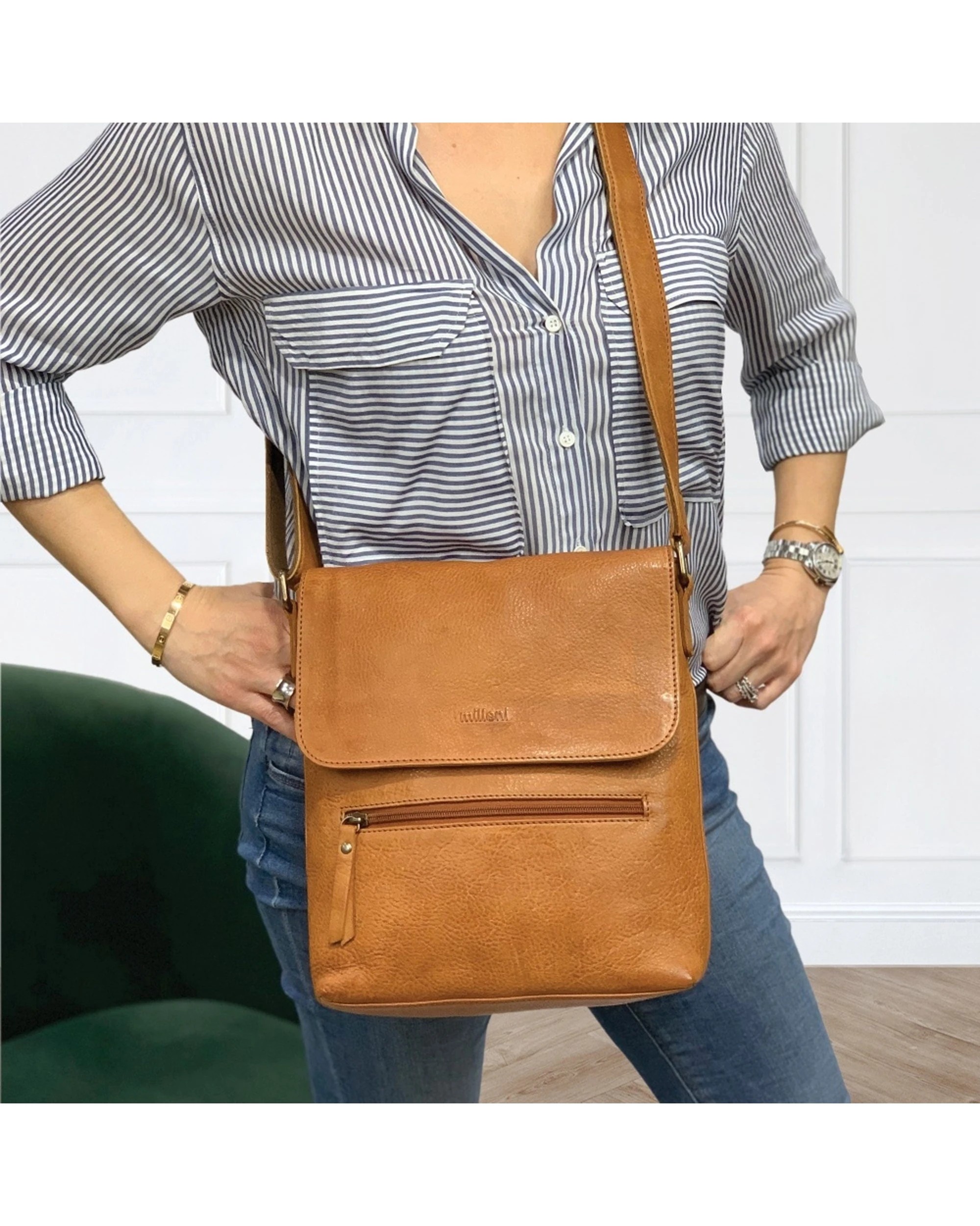 2 Milleni Women's Nappa Leather Shoulder Crossbody Bag With Zip 25x28cm Cognac - Brown, 2 of 4