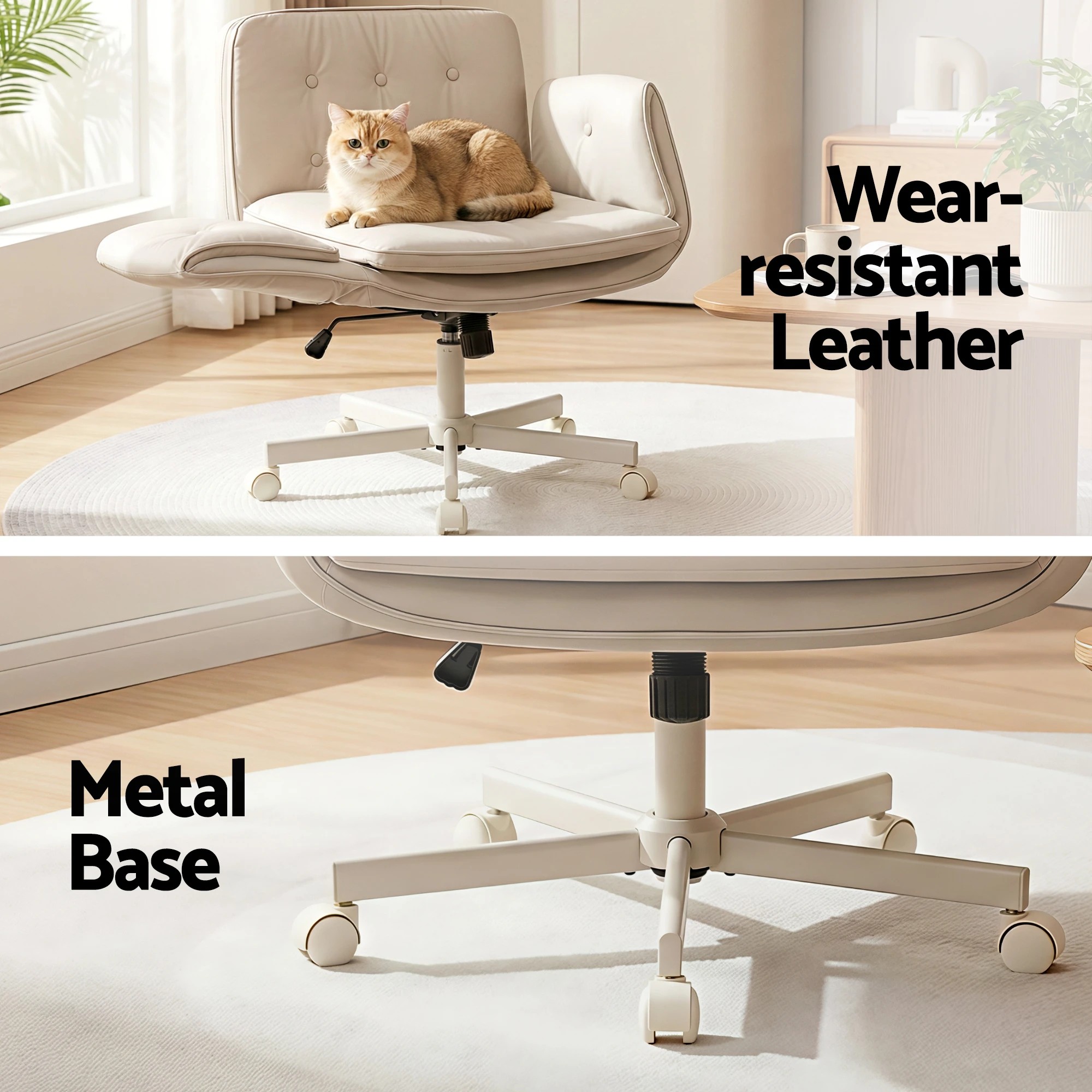 6 Artiss Criss Cross Chair with Wheels & Adjustable Armrests, Ergonomic Cross Legged Office Desk Chair - Natural, 6 of 7