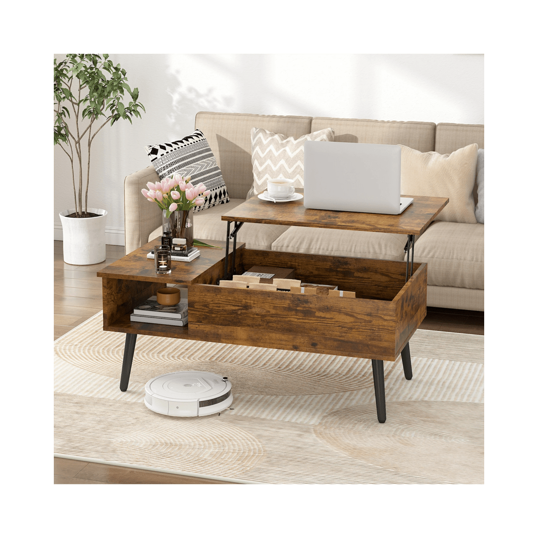 2 Advwin Lift Up Top Coffee Table Side Table w/ Hidden Storage & Shelf Walnut, 2 of 7