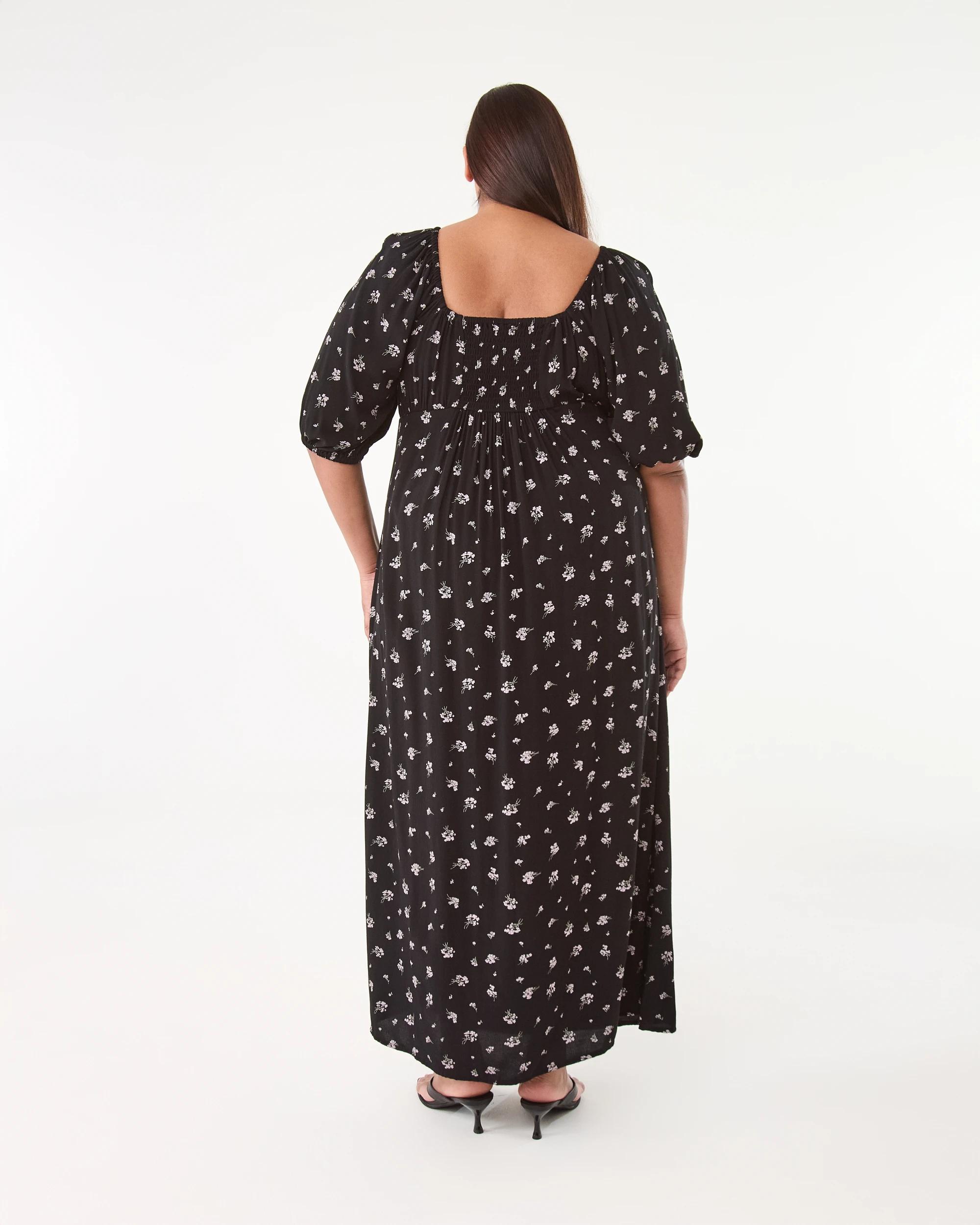 3 Curve Short Sleeve Square Neck Tea Midi Dress Ditsy Blk, 3 of 9