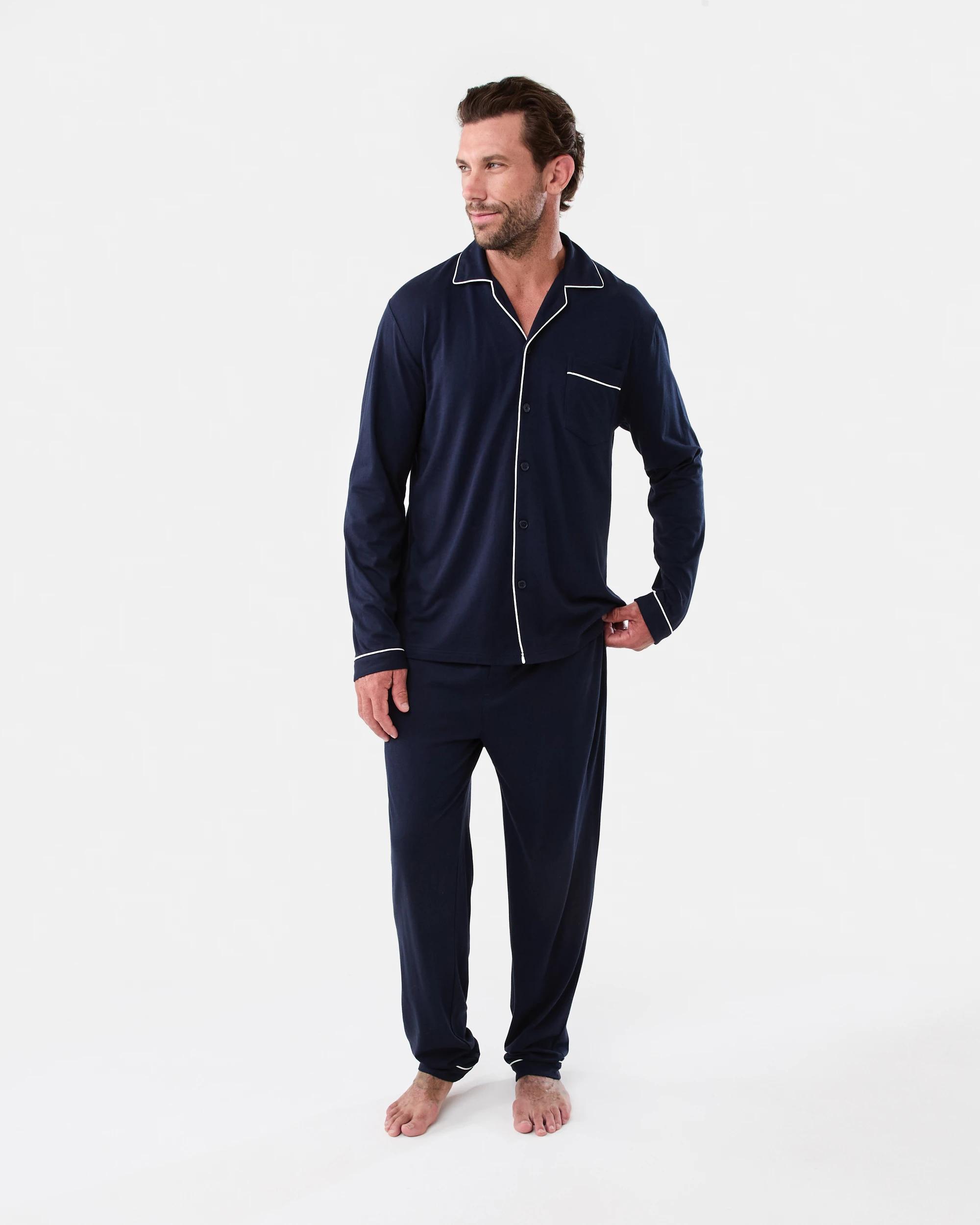 1 Long Sleeve Button Through Top Knit Pyjama Set Sky Cptn, 1 of 7