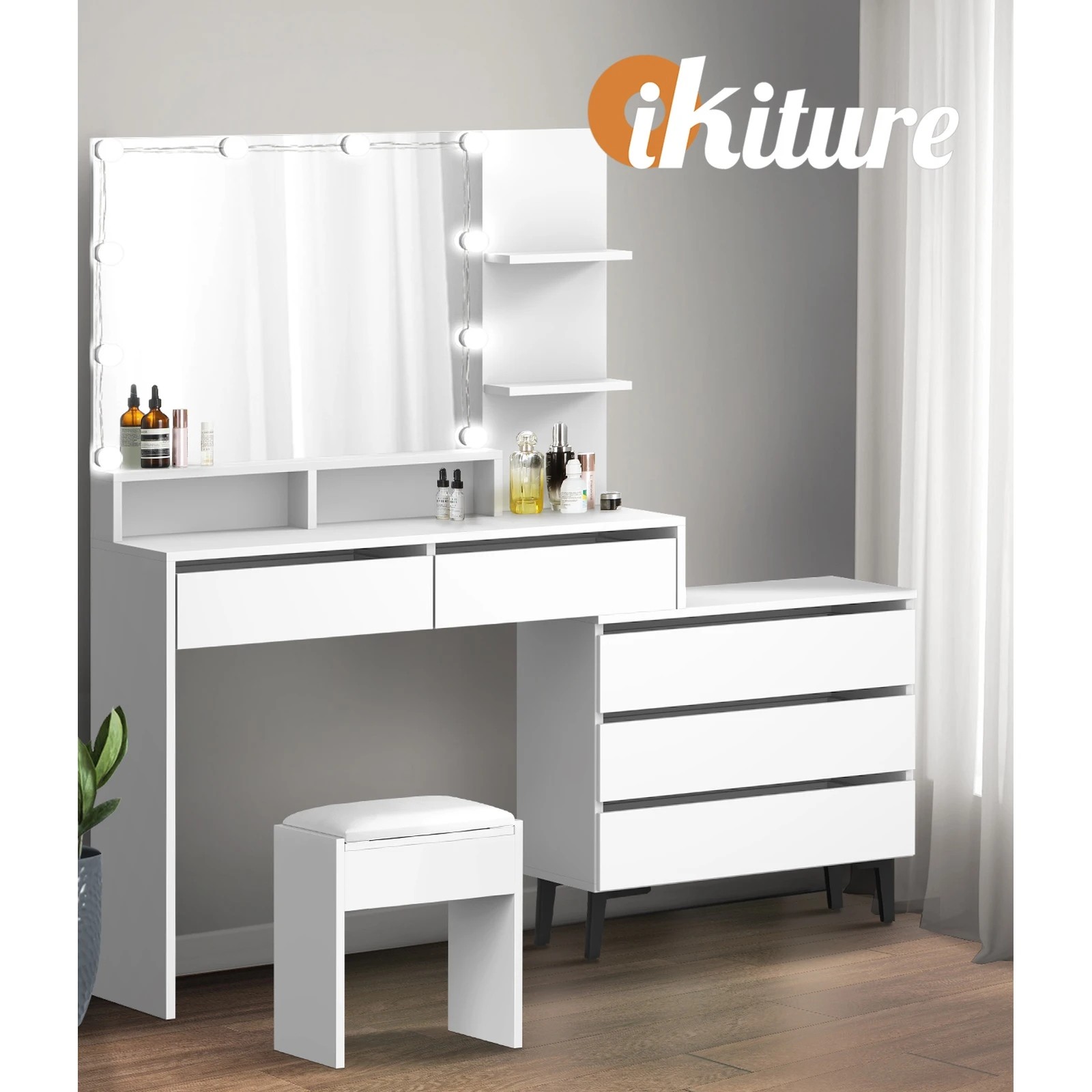 6 Oikiture Dressing Table Stool Set Makeup Mirror 10 Led Bulbs Cabinet
 - White, 6 of 9