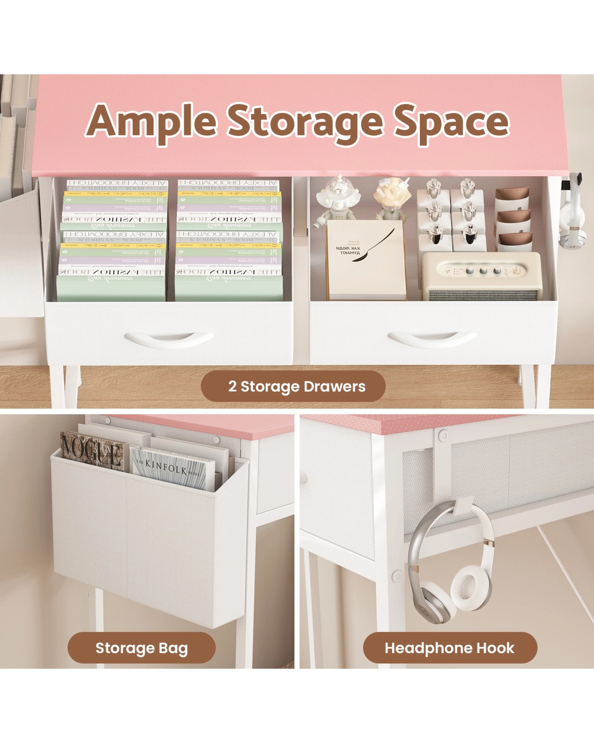 4 Advwin 80cm Small Desk With 2 Drawers And Storage Bag Makeup Vanity Desk Pink, 4 of 10