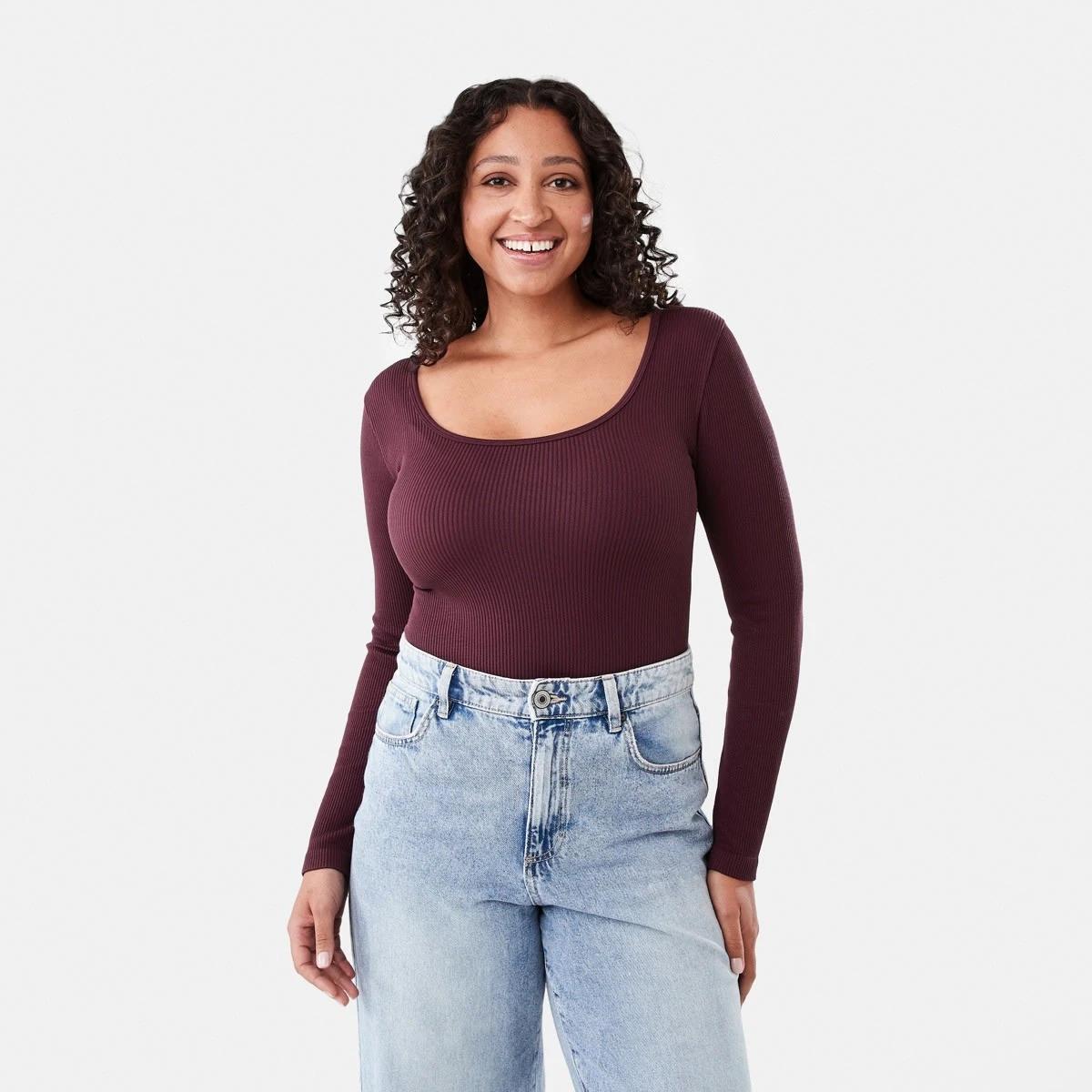 1 Long Sleeve Soft Rib Bodysuit Mulberry, 1 of 7