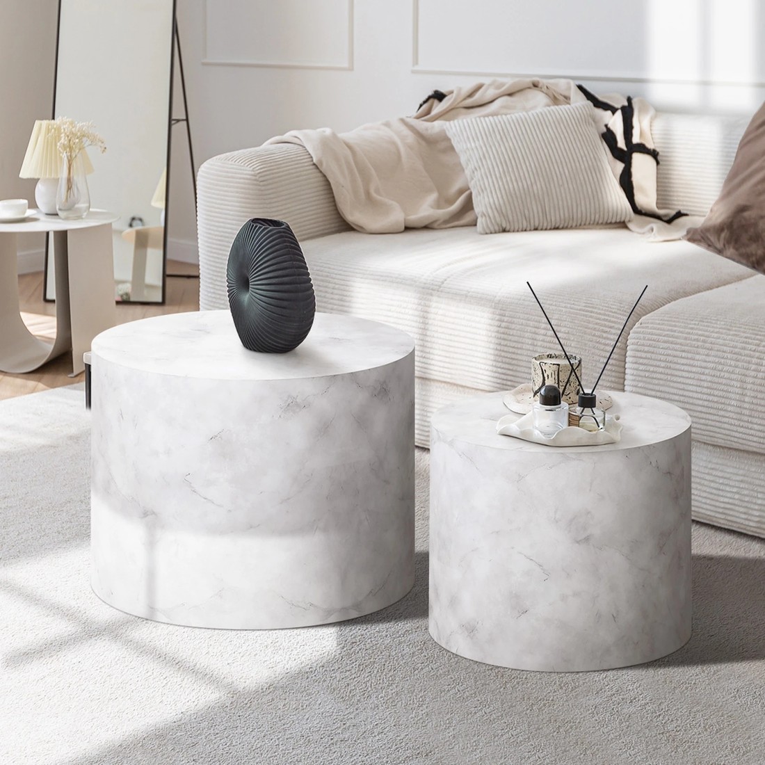 3 Oikiture Coffee Table Set Of 2 Round Side Tables Sofa Cafe Marble Effect
 - White, 3 of 10