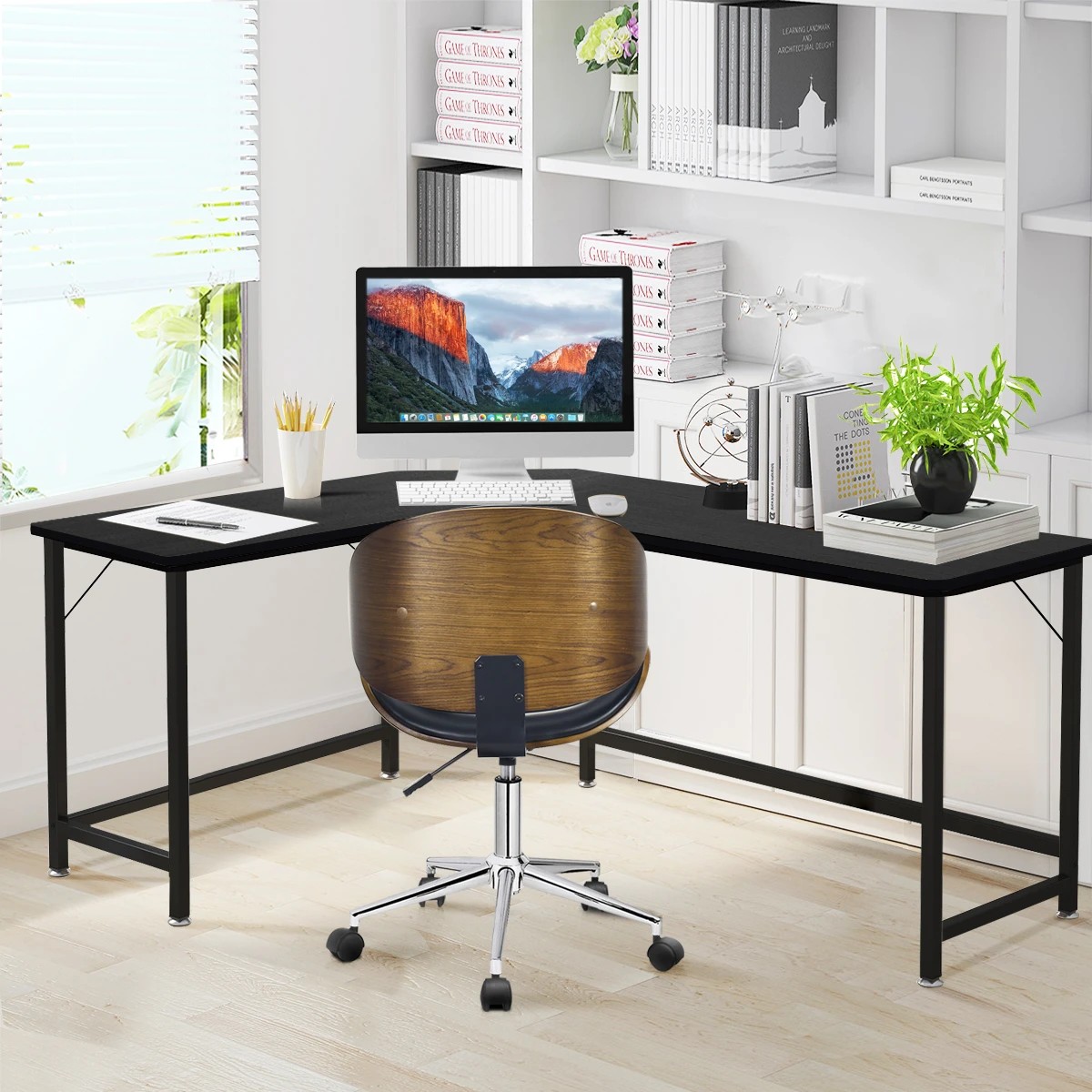 2 Costway L-shaped Computer Desk Home Office Desk w/CPU Stand - Black, 2 of 8