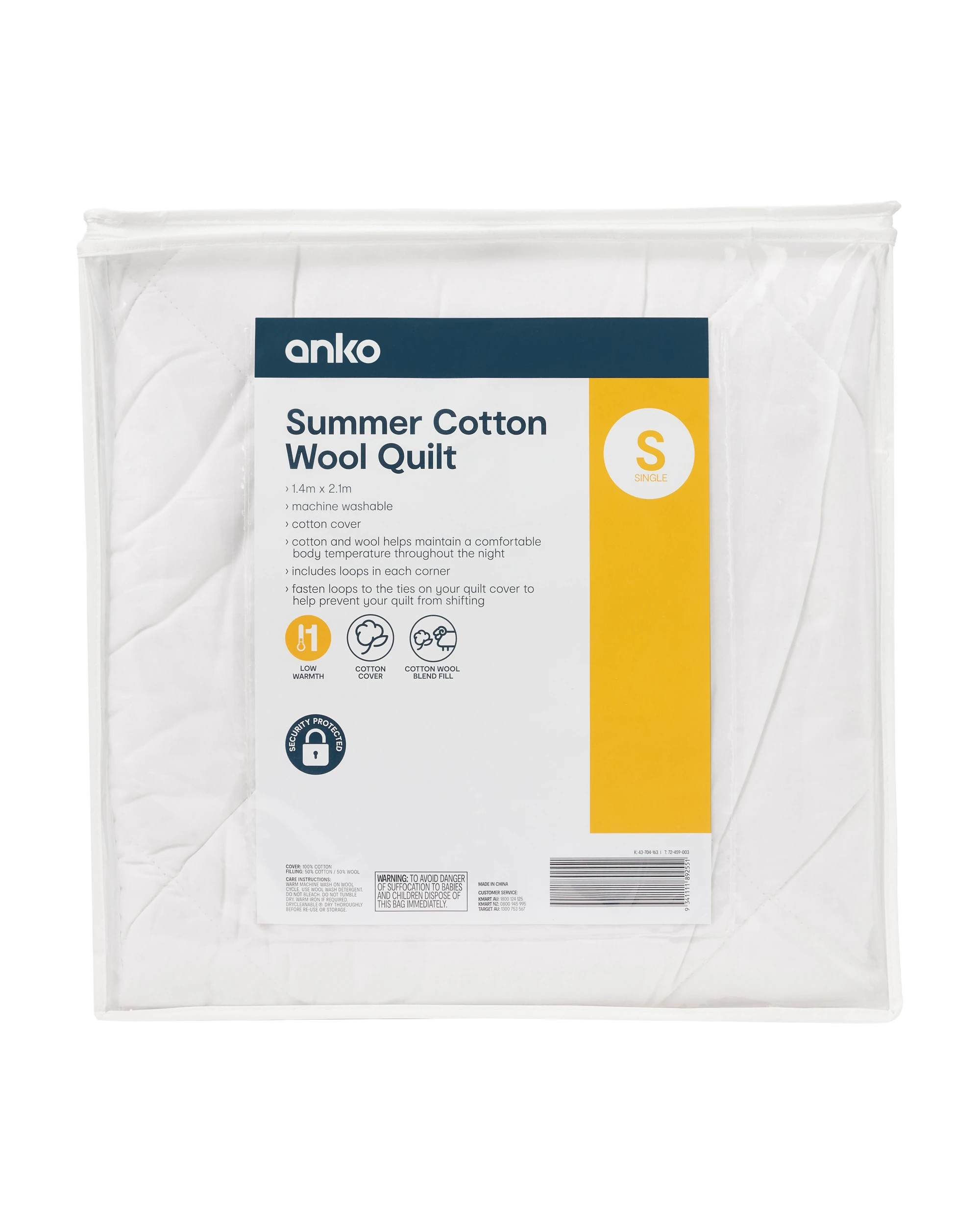 1 Low Warmth Summer Cotton Wool Quilt - Single Bed, White, 1 of 4