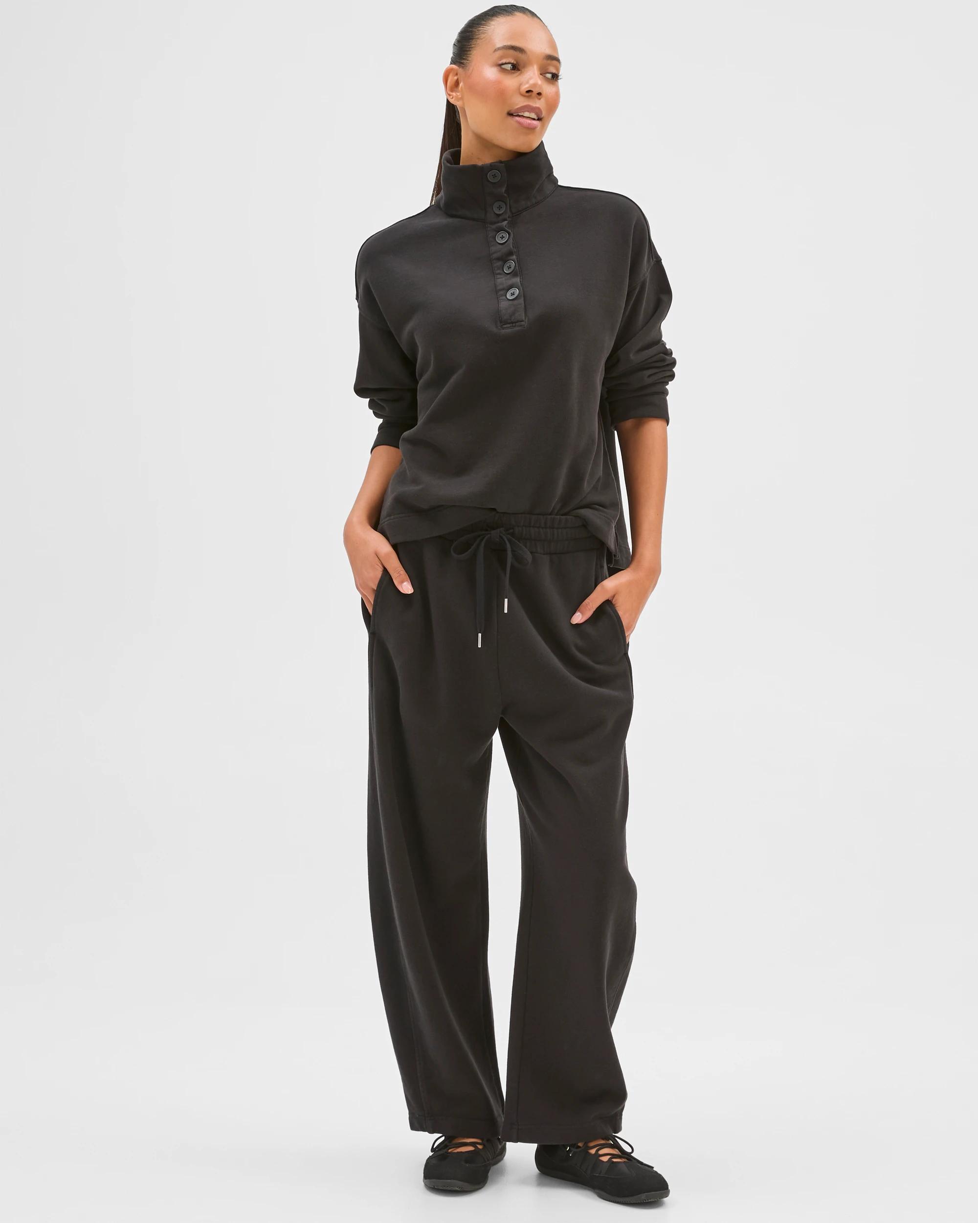 1 Target Woman Australian Cotton Funnel Neck Button Front Jumper WASHED BLACK, 1 of 7