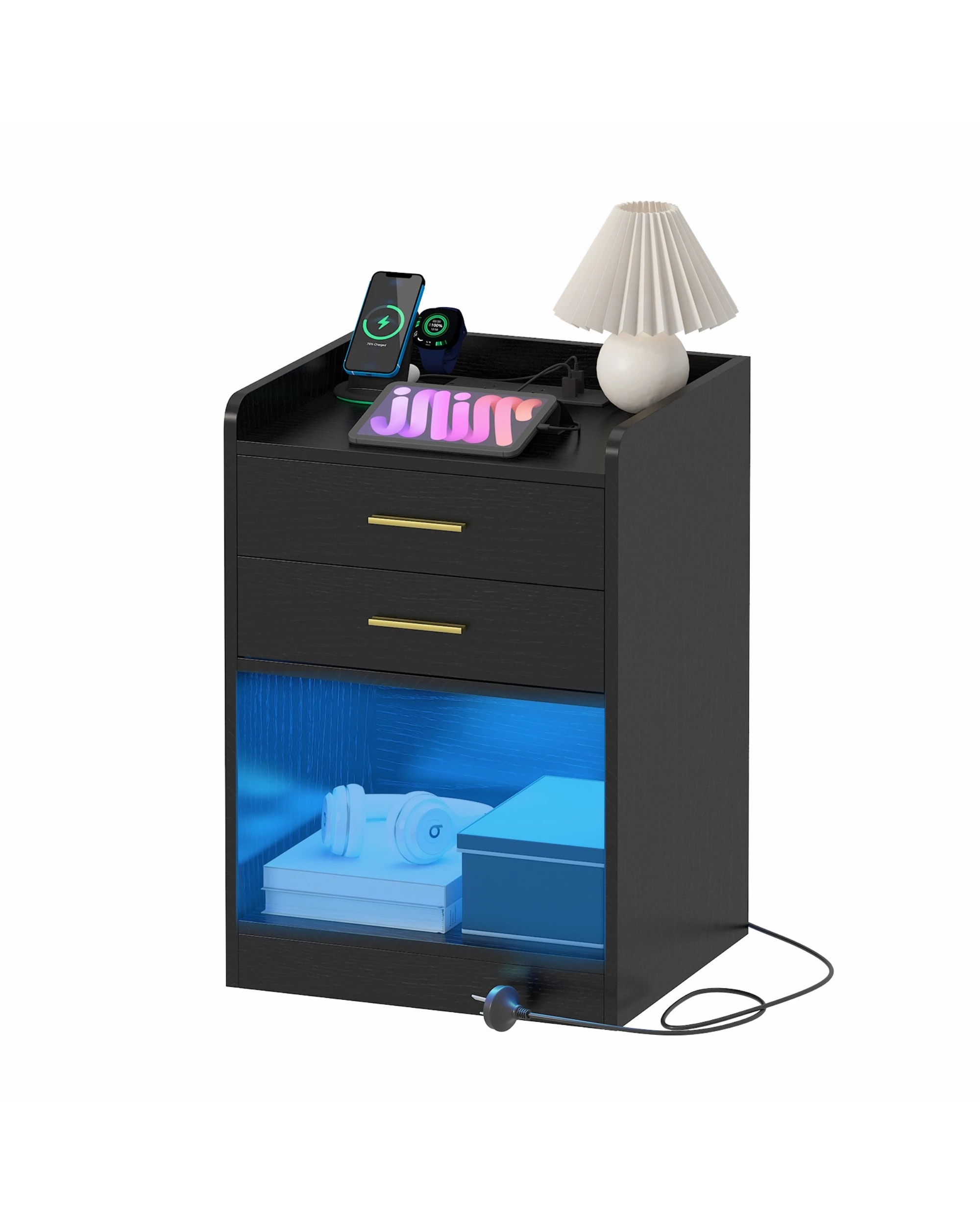 4 Advwin LED 2x Bedside Table with Charging Station 2 Drawers Nightstand - Black, 4 of 7