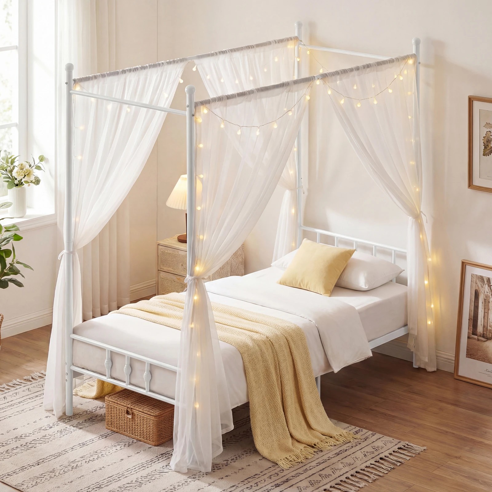2 Costway Single Size Canopy Bed Frame 4-Poster Metal Platform Bed Mattress Foundation Under-bed Storage - White, 2 of 5
