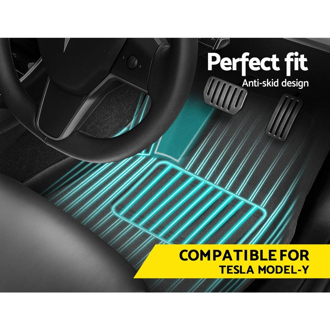 3 Weisshorn Tesla Model Y Rubber Mats Carpets Front Rear Set RHD 21 - Black, 3 of 6