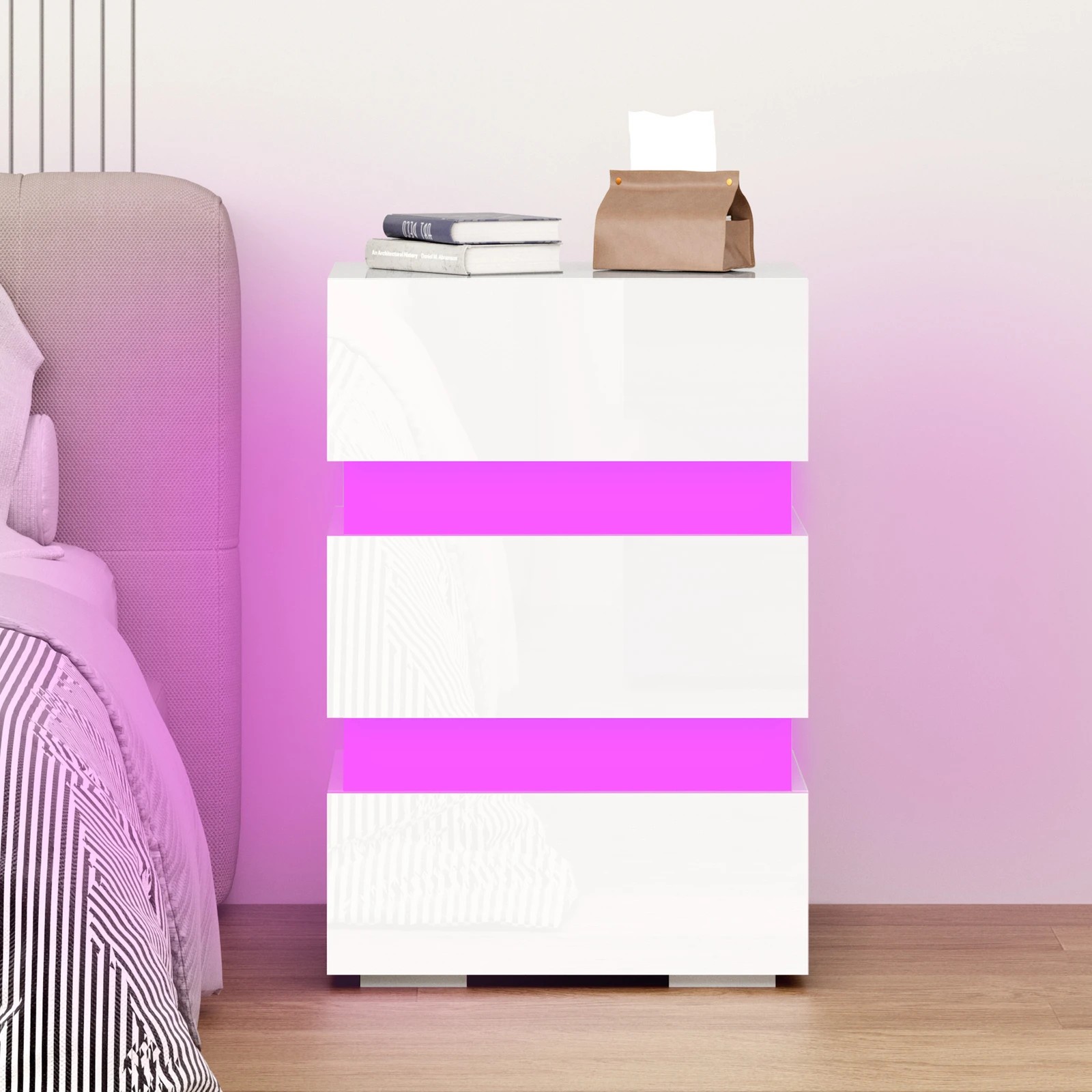 6 Alfordson Bedside Table RGB LED Nightstand 3 Drawers 4 Side High Gloss - White, 6 of 10