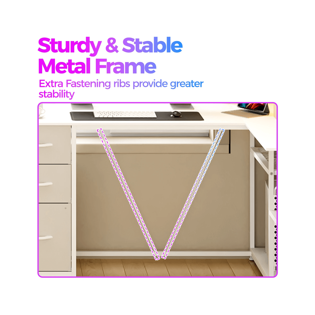 4 Advwin L Shaped Gaming Desk With Led Lights Reversible 148cm Computer Desk With 3 Drawers And Bookshelf White, 4 of 9