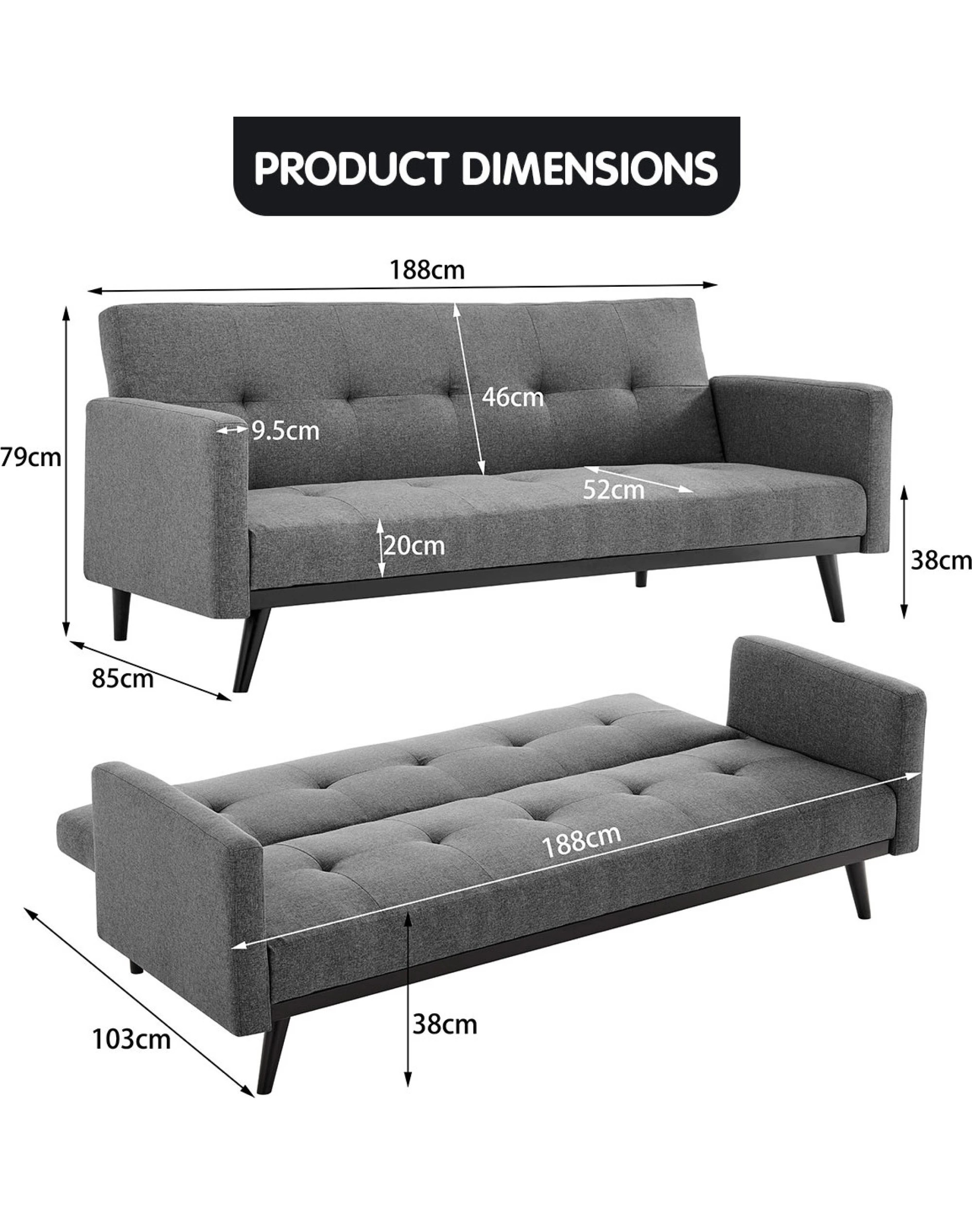 8 Sarantino Tufted Faux Linen 3-Seater Sofa Bed with Armrests - Grey, 8 of 8