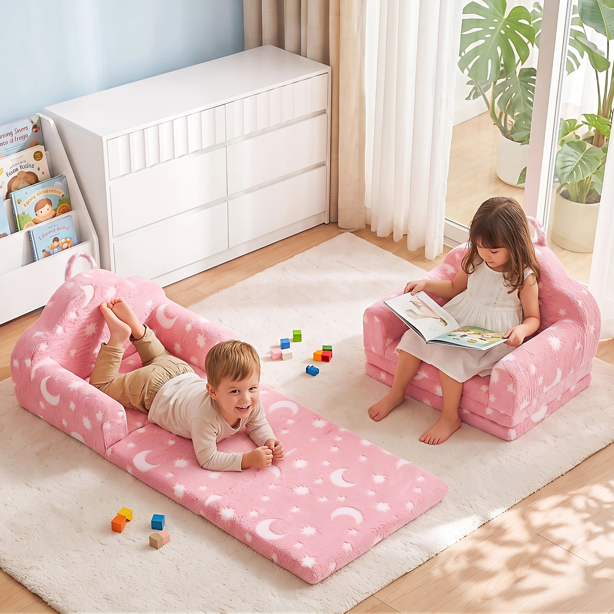 5 Keezi Kids 2-in-1 Sofa Bed Toddler Fold Out Couch Removable Washable Cover - Pink, 5 of 9