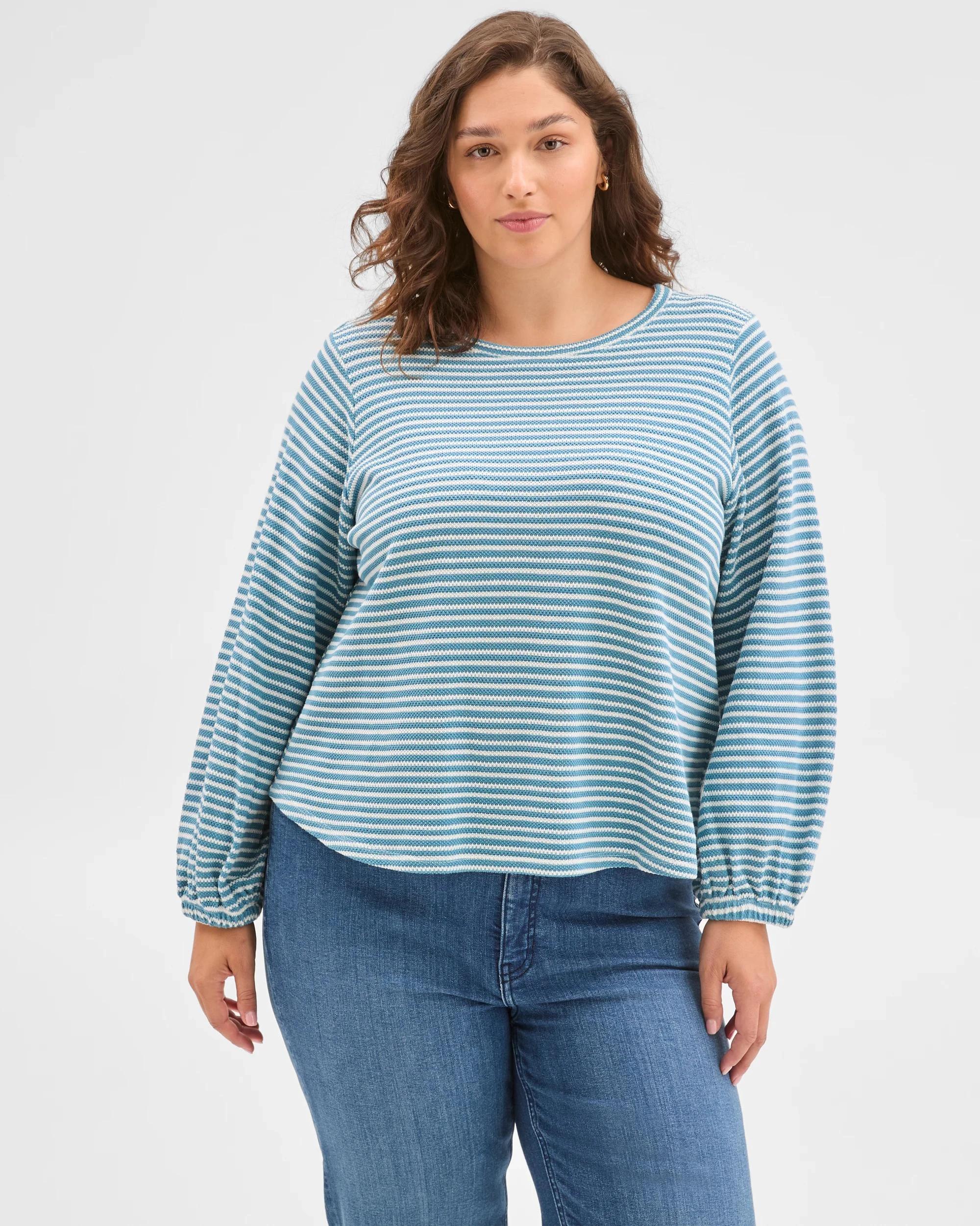 3 Target Curve Plus Size Australian Cotton Long Sleeve Stripe Textured Top SEA TEAL/CLOUD DANCER, 3 of 6