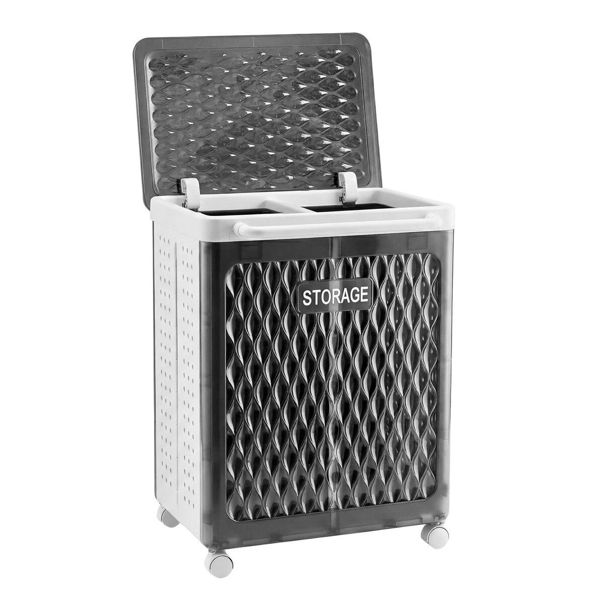 1 Dr FUSSY Laundry Basket Hamper Washing Dirty Clothes Organiser Folding Storage Bin 100L 2 Section Sorter Lid, 1 of 3