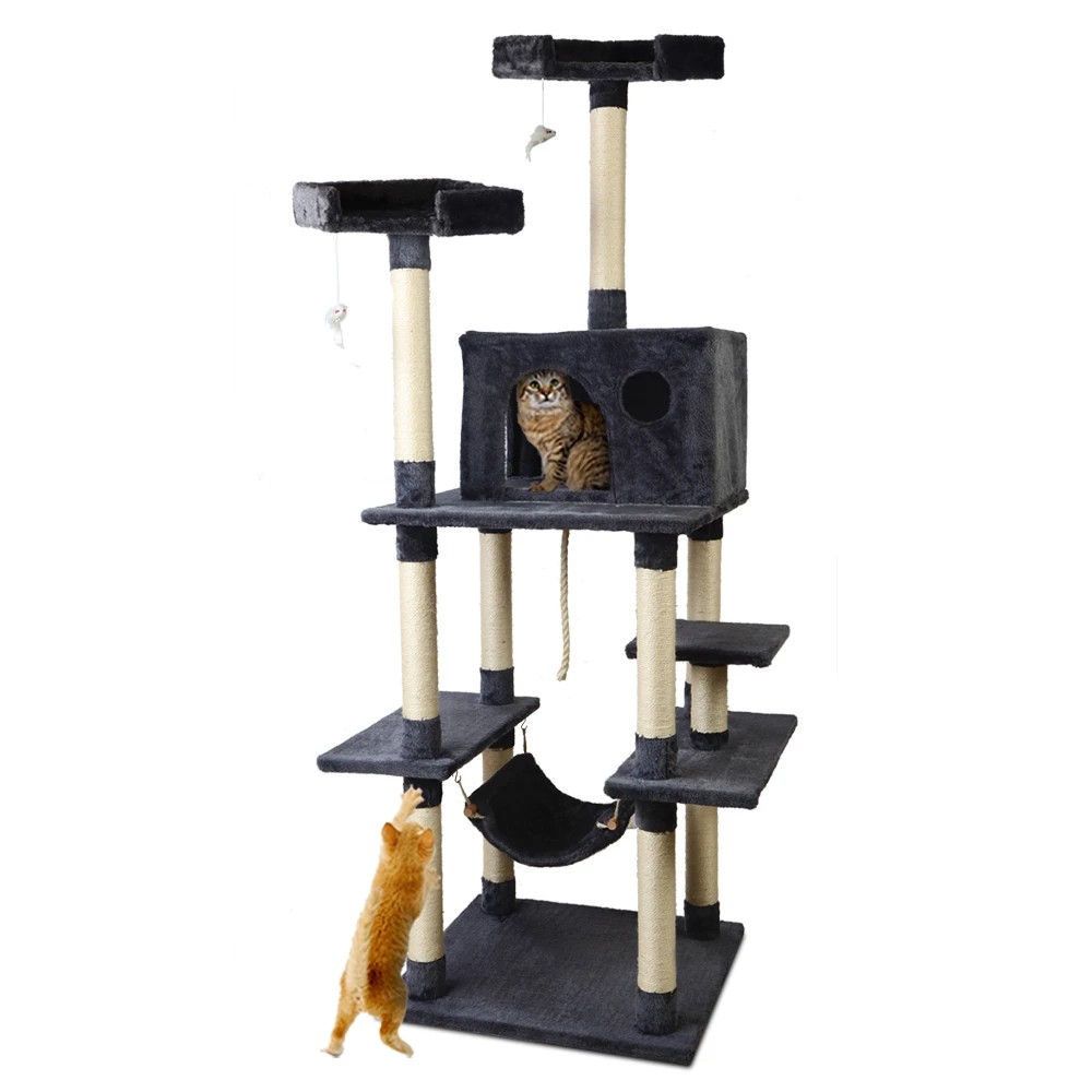 1 i.Pet Cat Tree 184cm Tower Scratching Post Scratcher Wood Trees Condo Bed House - Grey, 1 of 6