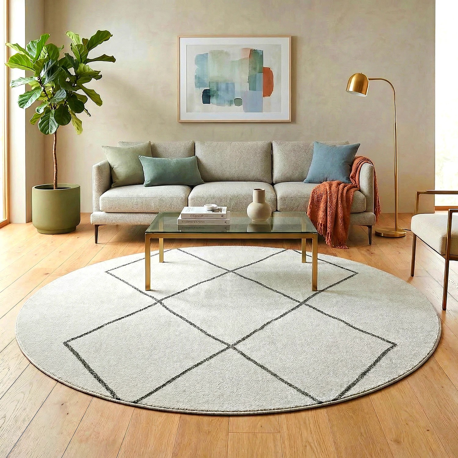 1 Common Ground Rugs Elysium Lola 150x150cm - Small Round Power Loomed Pet Friendly Rug - Natural, 1 of 7