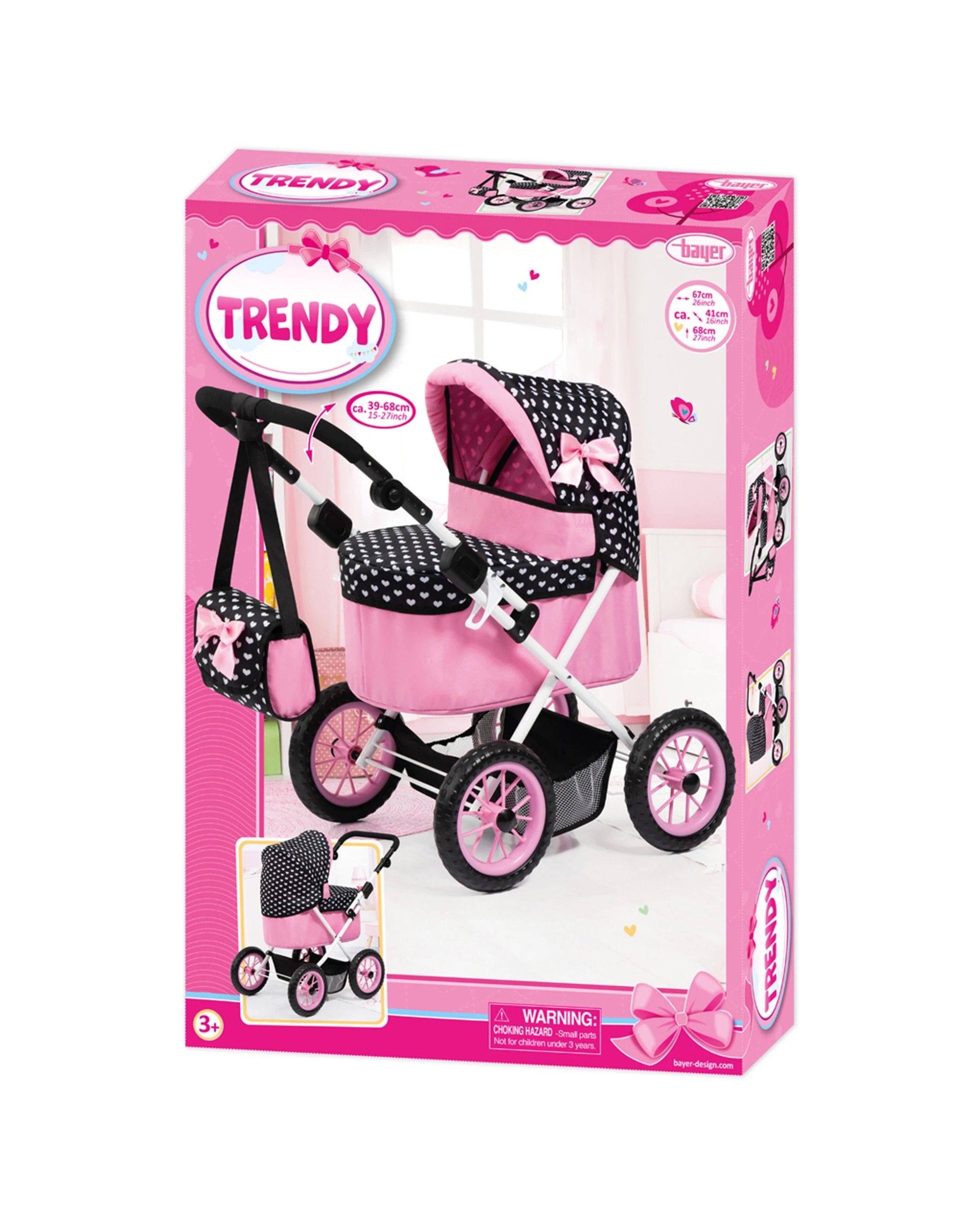 1 Bayer Trendy Folding Doll Pram Adjustable Handle Fits Up To 46Cm With Bag
 - pink, 1 of 4