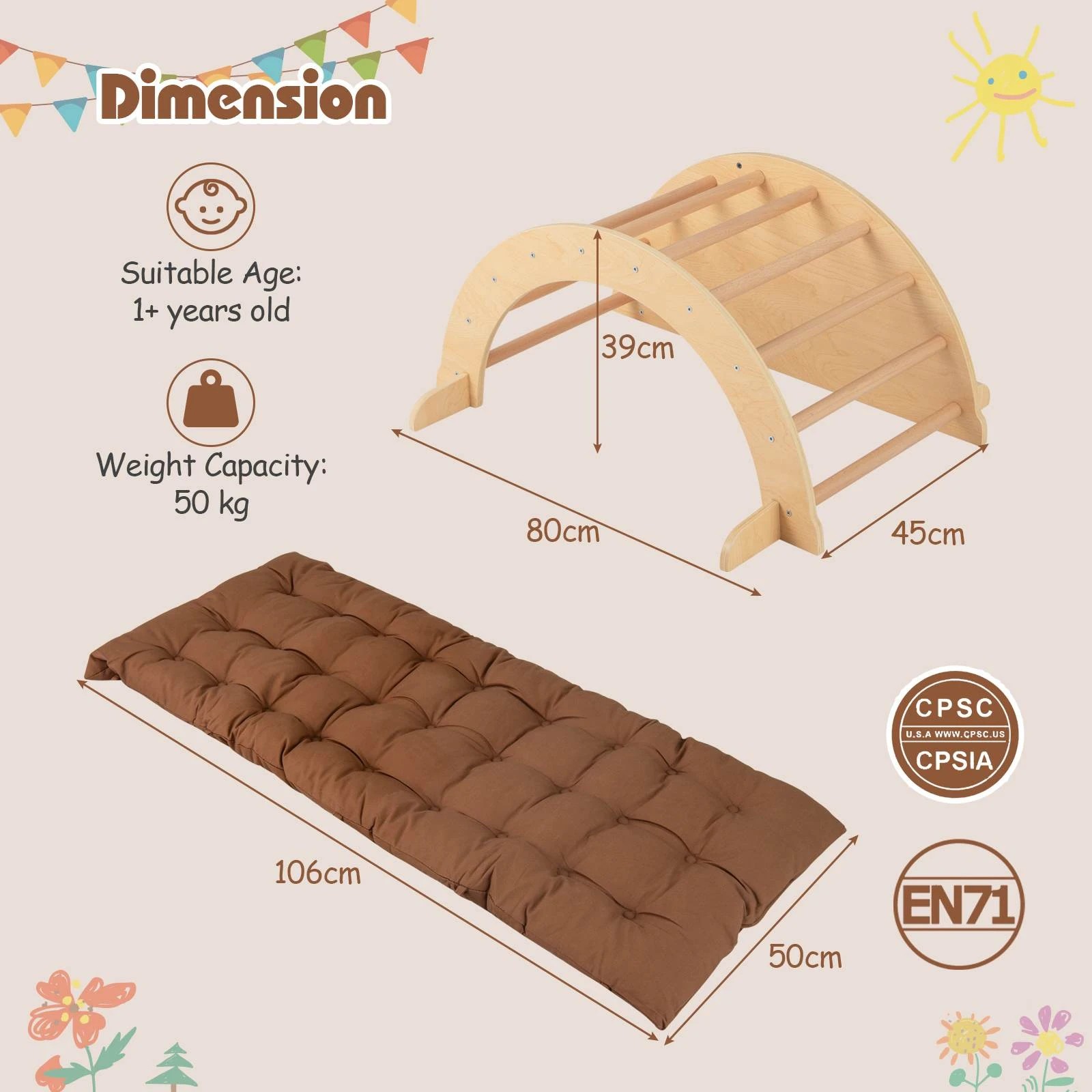 2 Costway Climb Playset 6 in 1 Climbing Arch Frame w/Removable Cushion - Brown, 2 of 2