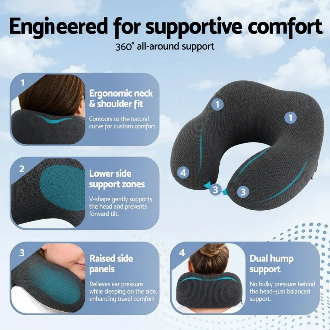 5 Giselle Bedding Travel Neck Pillow U-Shape Support Memory Foam Plane Car Cushion - Black, 5 of 7