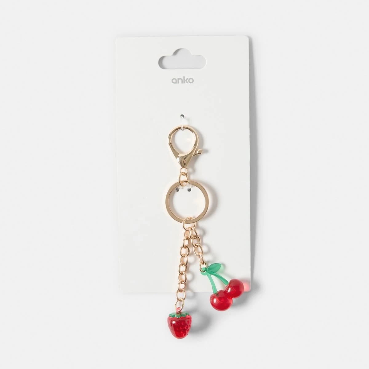 3 3D Cherry Strawberry Charms Keyring - Red, Green and Gold Tone, 3 of 3
