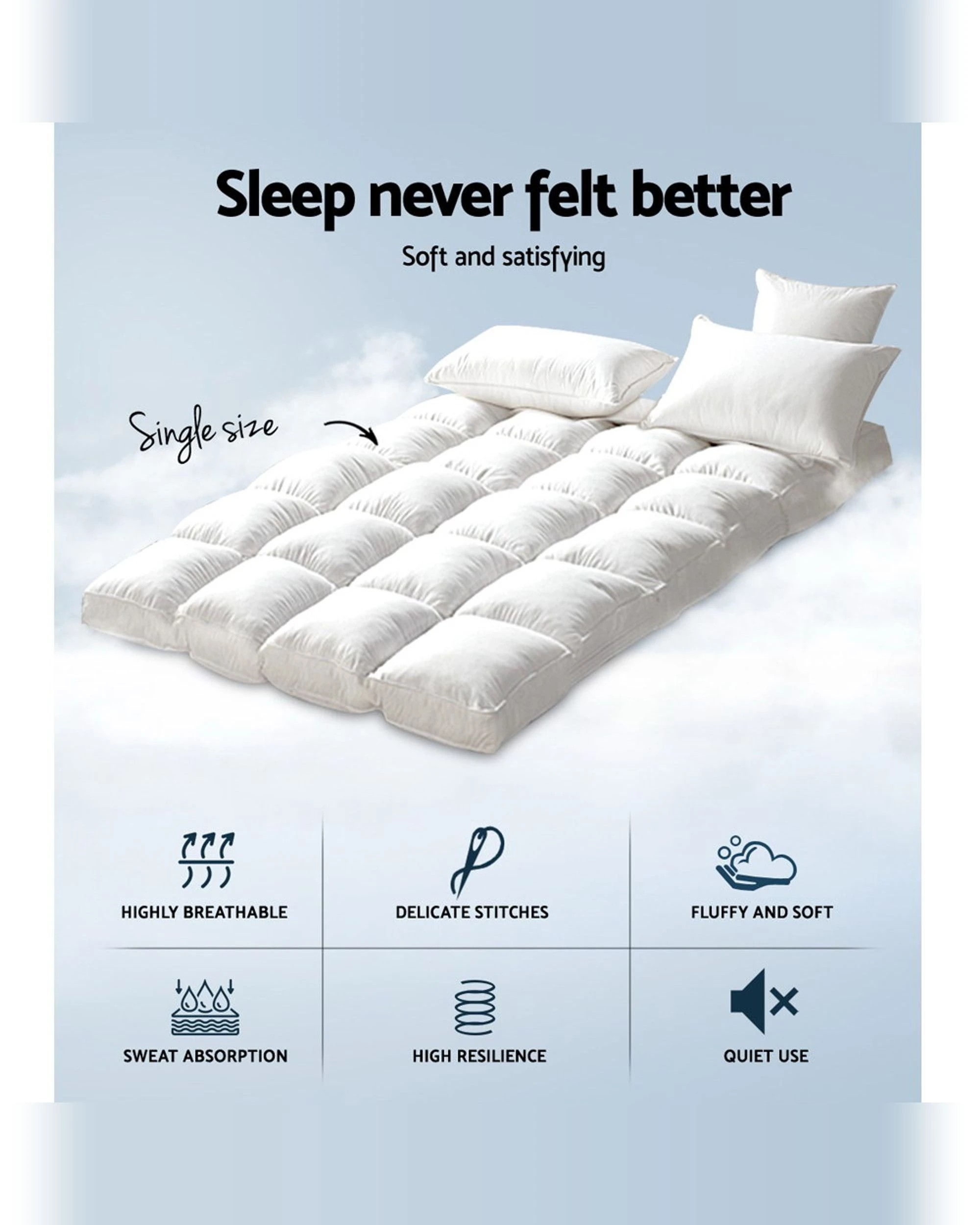 3 Giselle Bedding Mattress Topper Pillowtop Bamboo Single
 - White, 3 of 3