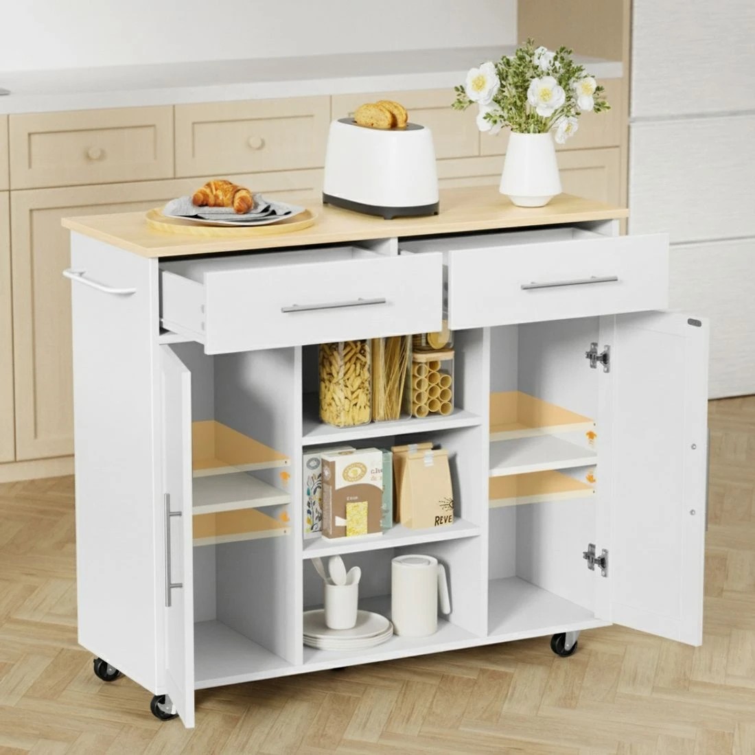 4 Artiss Kitchen Island Trolley Rolling Serving Cart Storage Drawer Cabinet 100cm - White, 4 of 5