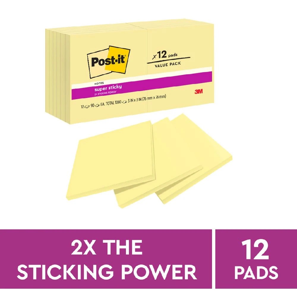 2 Post-it Super Sticky Notes 76 x 76mm Canary Yellow 12 Pack, 2 of 8