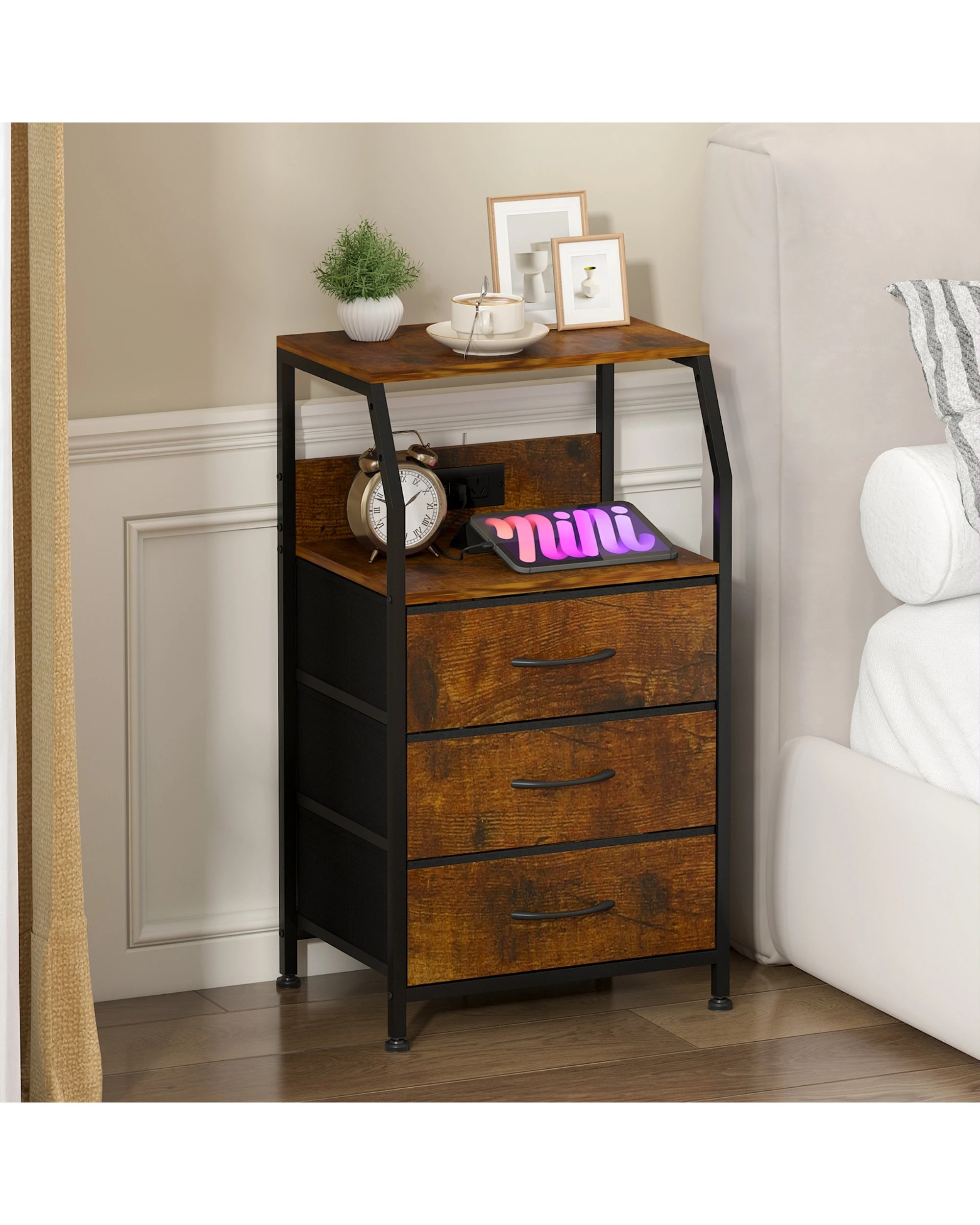 5 Advwin Bedside Table with Charging Station 3 Fabric Drawers - Brown, 5 of 7