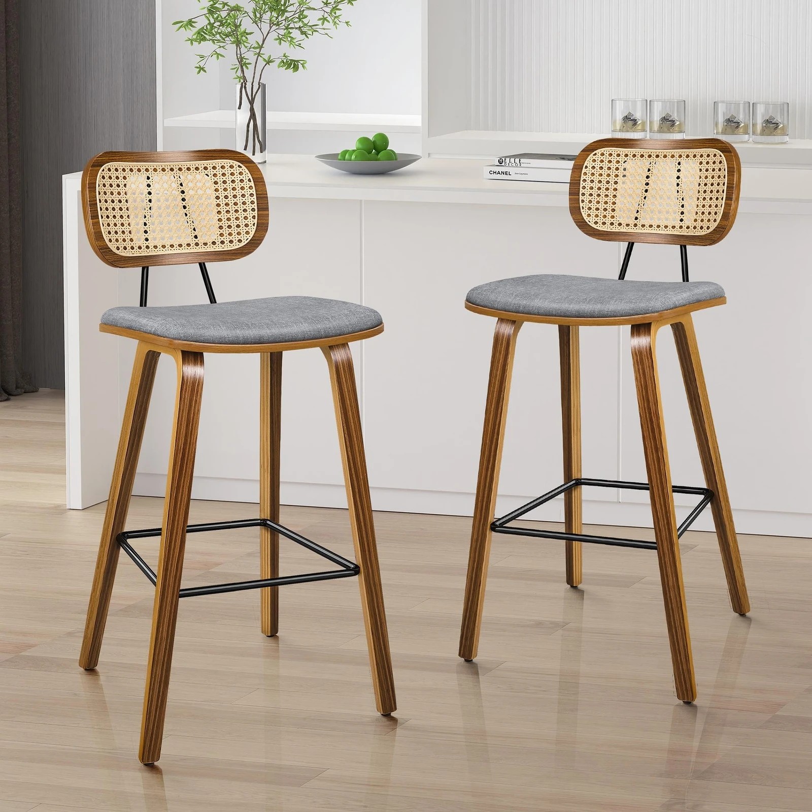 2 Alfordson 2x Bar Stools Kitchen Vintage Fabric Seat Rattan Chair Wooden - Grey, 2 of 8