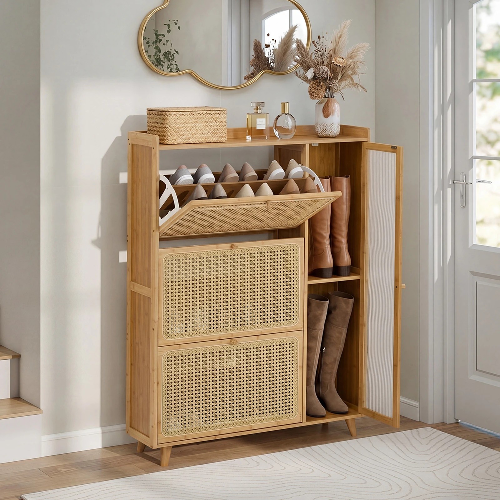 4 Oikiture Bamboo Shoe Storage Cabinet 3 Compartments Rack Single Door - Natural, 4 of 8