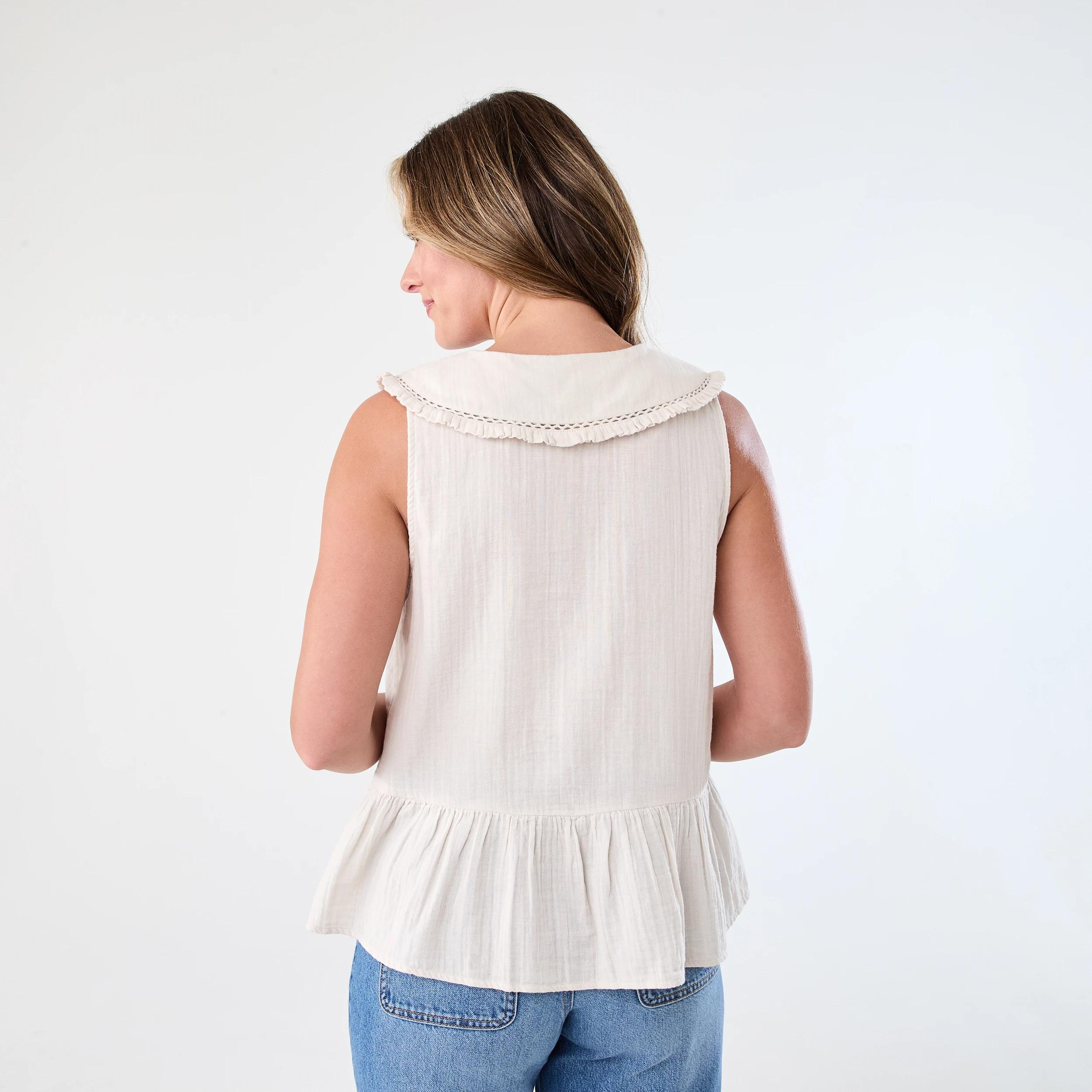 3 Sleeveless Collared Frill Top Nat Beige, 3 of 7