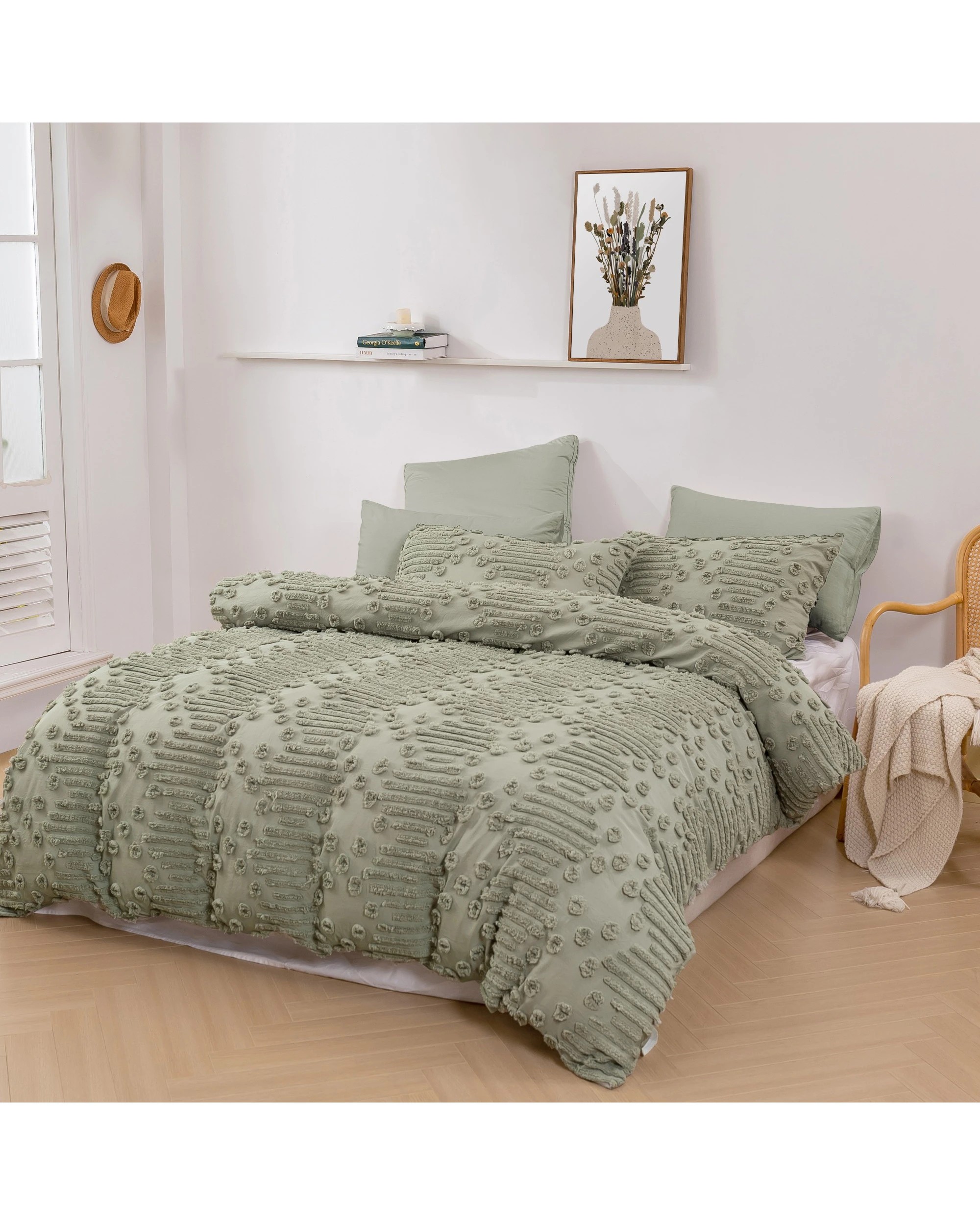 9 Dreamaker Fletcher Ultrafine Tufted Chenille Quilt Cover Set - Queen Bed - Sage, 9 of 9