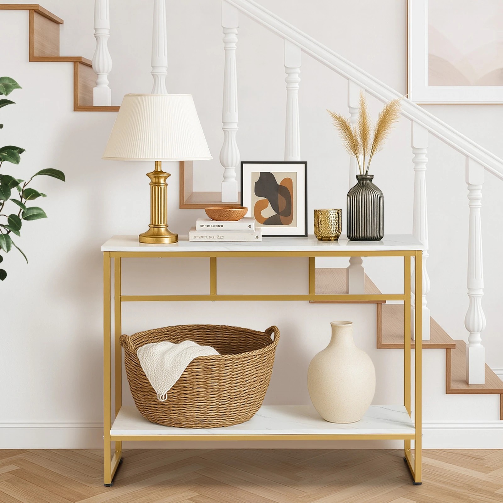4 Oikiture Console Table Hallway Marble Effect Metal Entry Table Display - Gold, 4 of 9