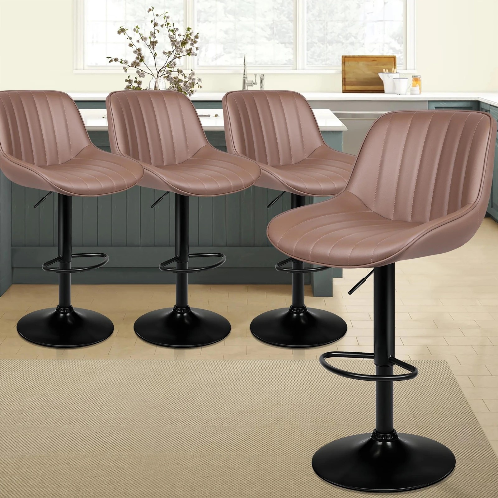 2 Alfordson 4x Bar Stools Gas Lift Leather Bar Chairs Kitchen Swivel Wendy - Brown, 2 of 10